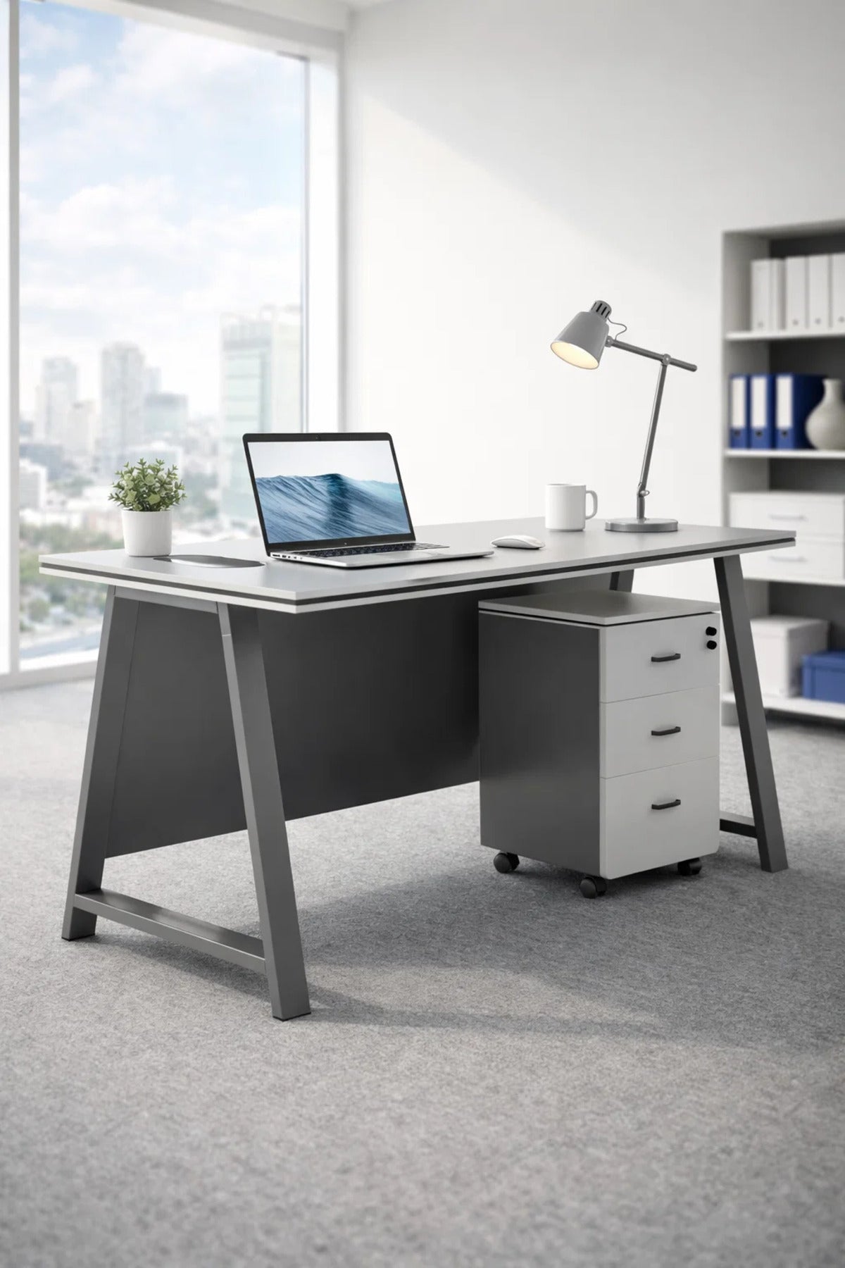 Stylish 100cm Office Desk with Lockable Mobile Drawer Unit Modern Workstation Grey Metal Frame