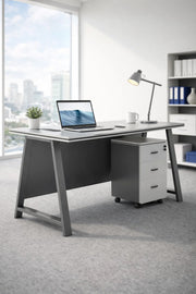 Stylish 100cm Office Desk with Lockable Mobile Drawer Unit Modern Workstation Grey Metal Frame