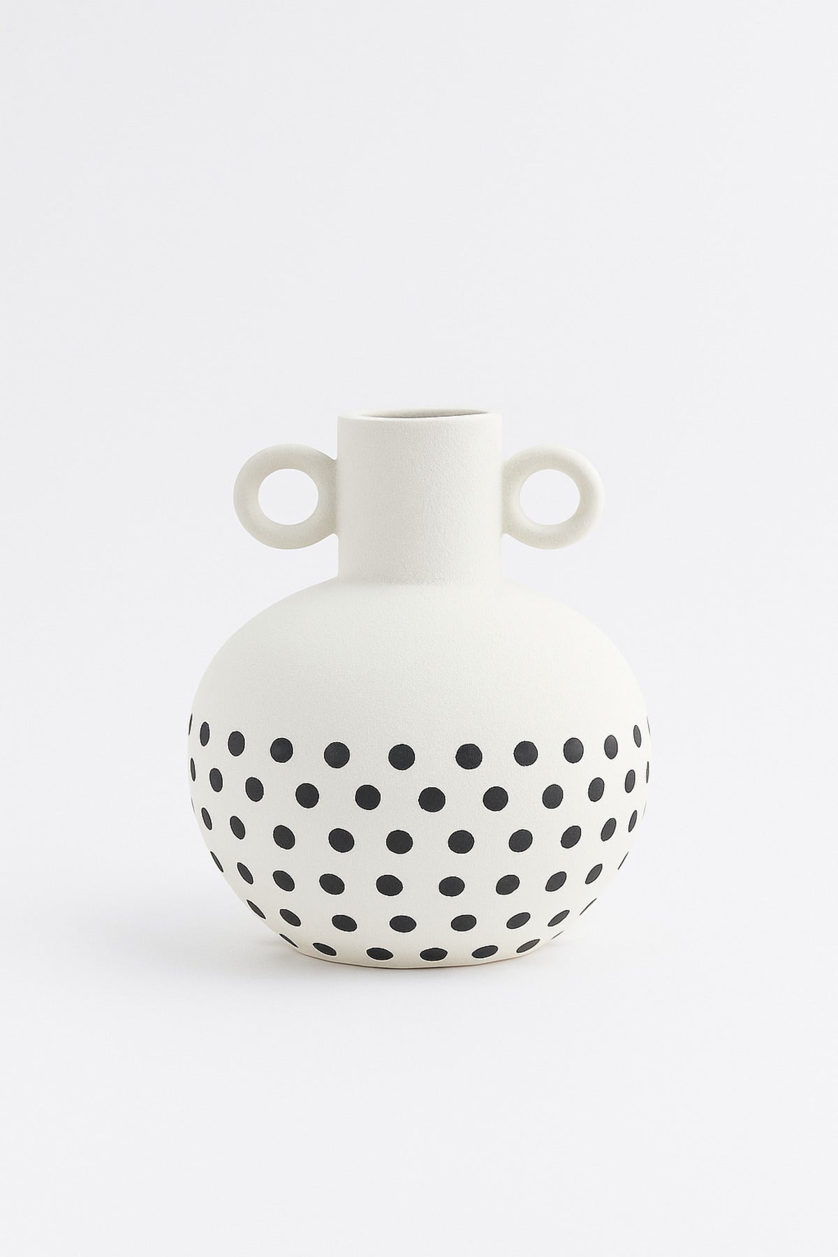 Natural White Ceramic Vase with Black Dots Ð Round Double Handle Decorative Vase