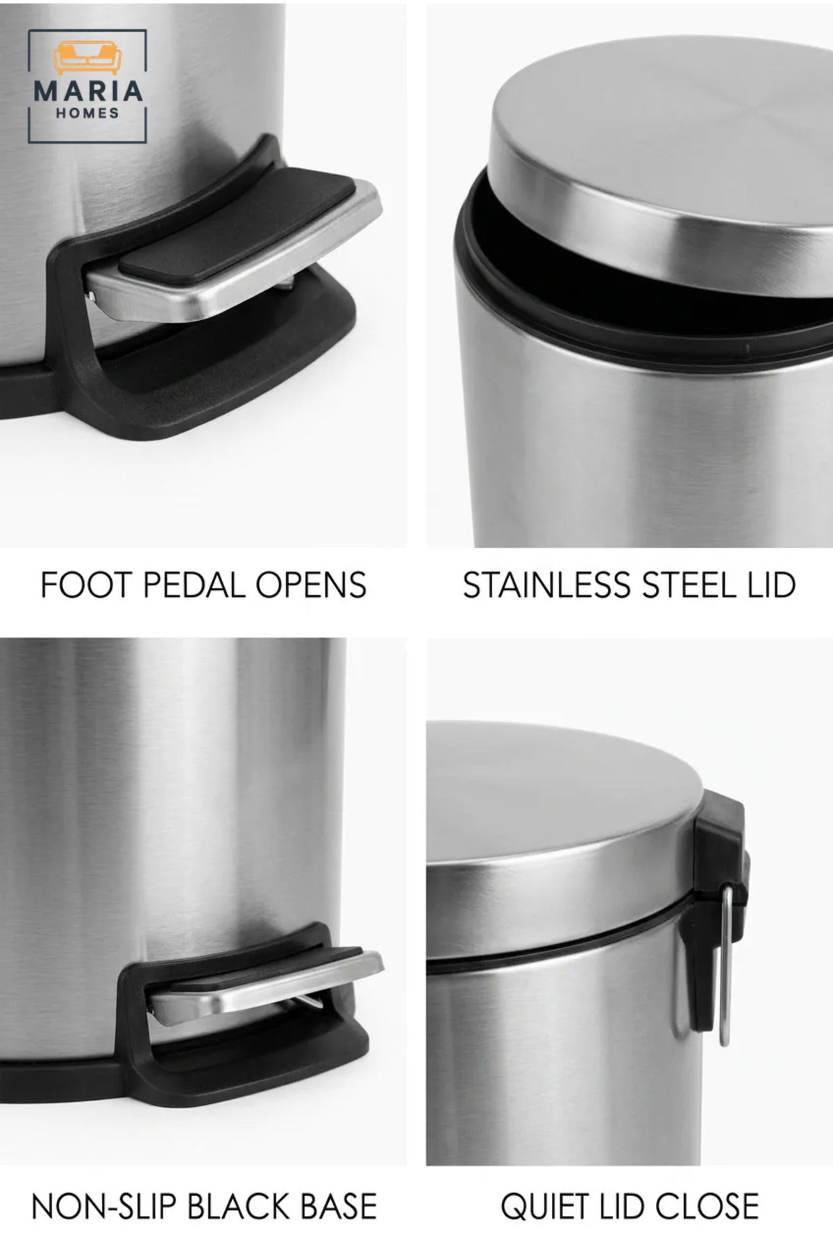 Compact Stainless Steel Round Pedal Trash Bin with Lid, Small Hands-Free Waste Container for Bathroom, Bedroom, Office, Vanity and Hotel