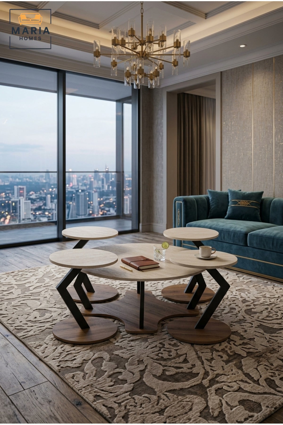 Modern Round Center Table Set of 5 Pieces with 1 Large Center Table & 4 Small Side Tables, Space Saving Coffee Table Set for Living Room Lounge, Large 90 x 45 CM, Small 40 x 55 CM