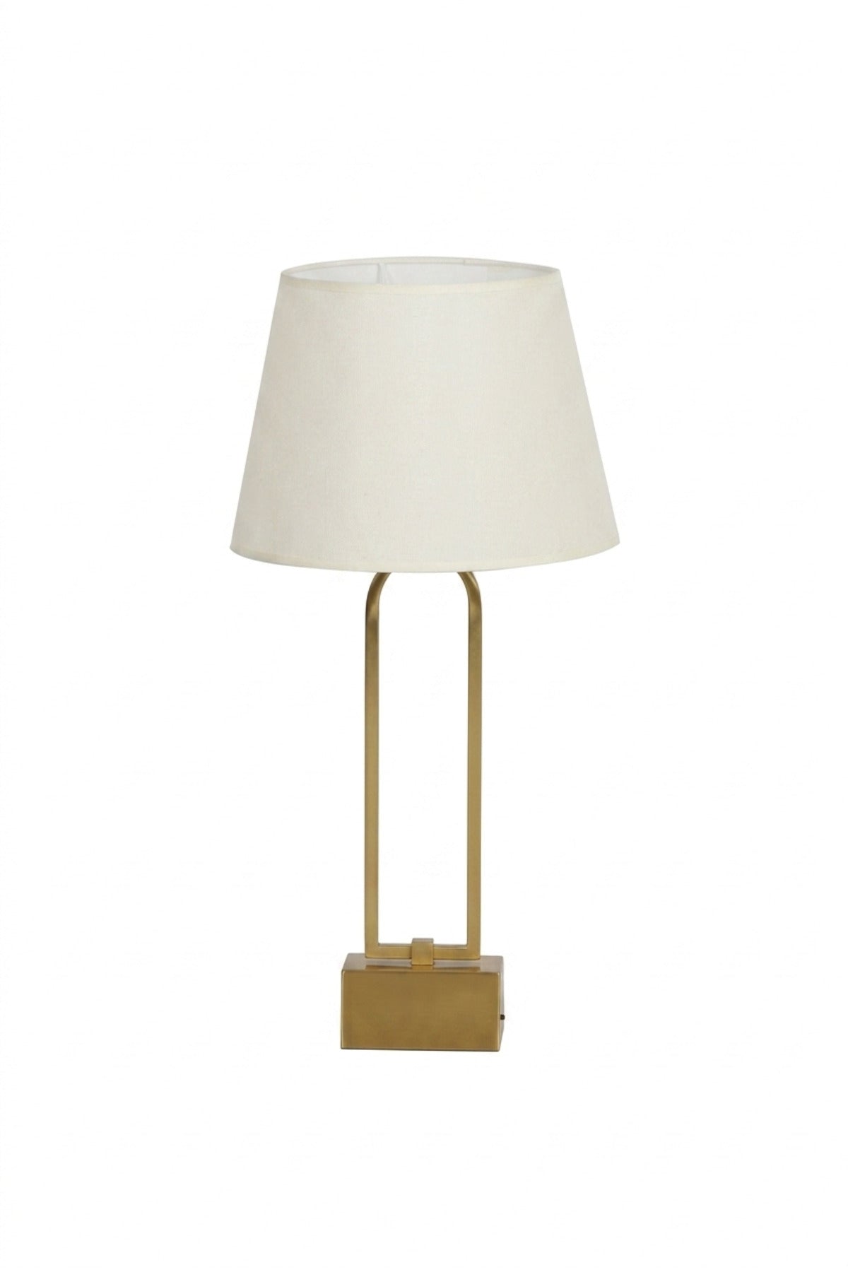 Modern Open Frame Table Lamp with White Fabric Shade, Antique Gold Tone Finish and Geometric Base for Bedroom, Living Room, Office, Hotel and Bedside Décor