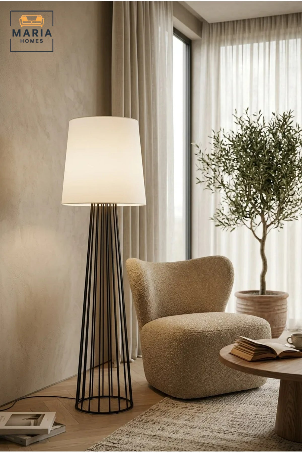 Modern Floor Lamp with Fabric Drum Shade and Open Cage Frame, Decorative Freestanding Standing Light for Living Room, Bedroom, Reading Corner and Office
