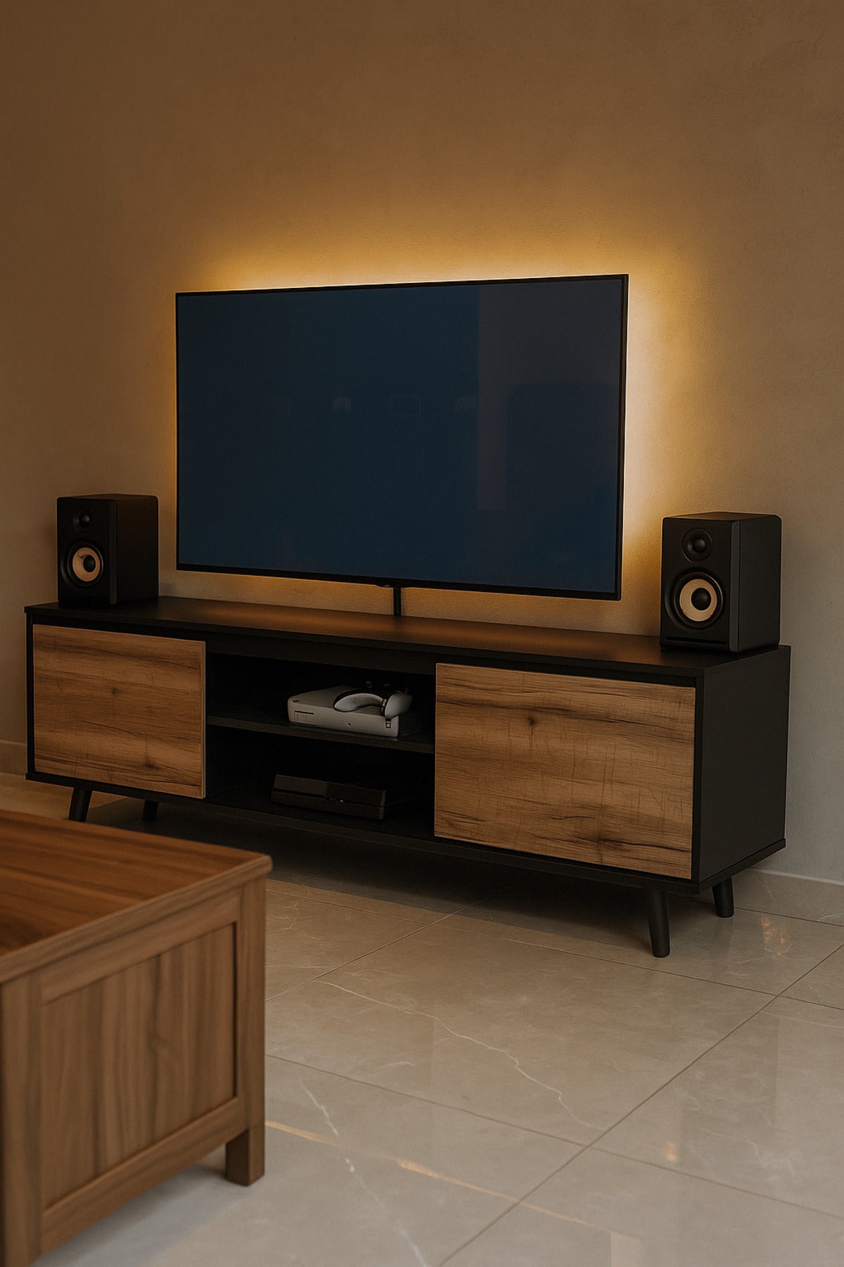 Modern Black & Wood TV Cabinet 160_40_57 cm Sleek Entertainment Unit with Sliding Doors