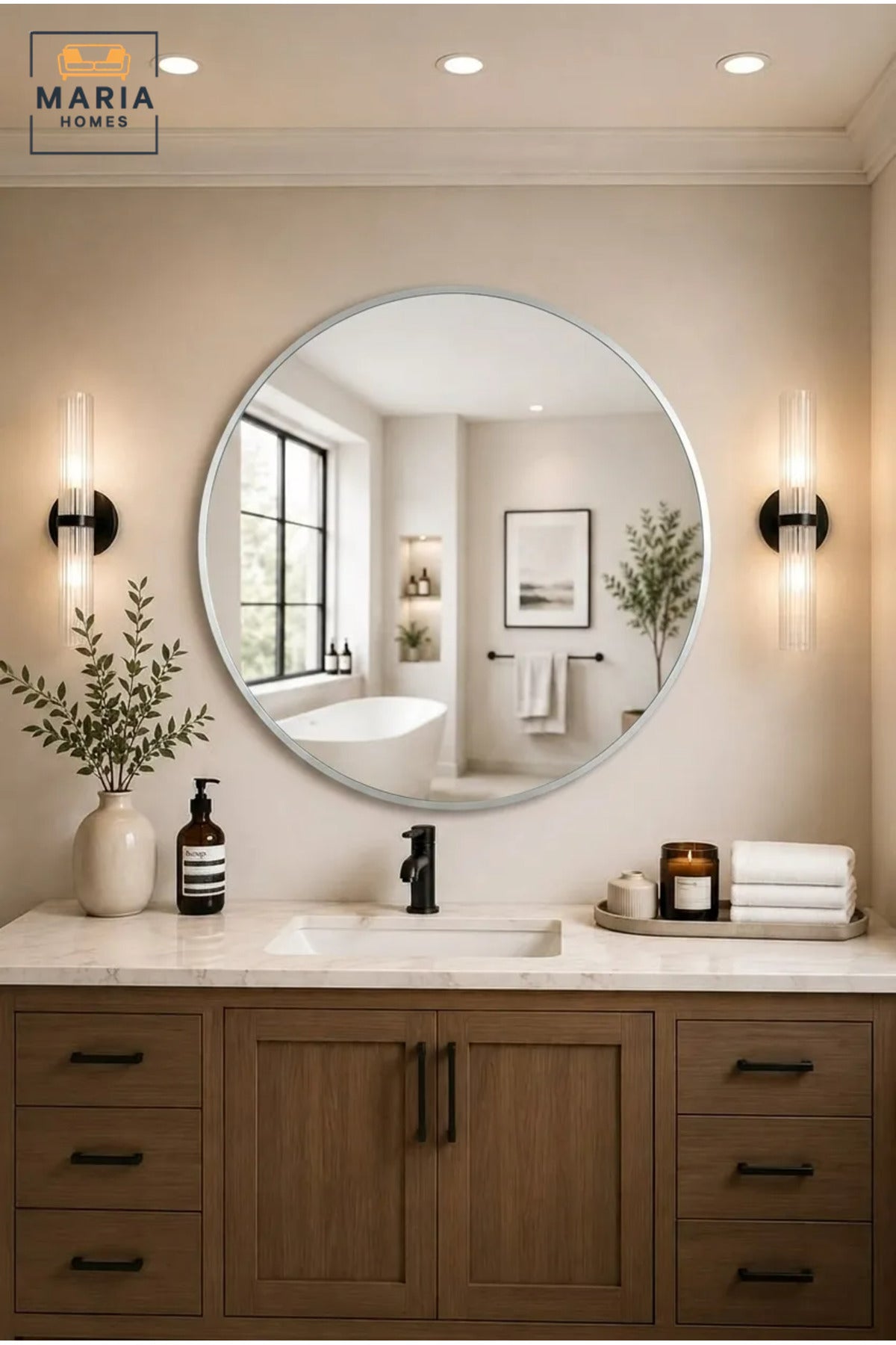 Modern Round Wall Mirror with Slim Frame, Decorative Hanging Mirror for Bathroom, Bedroom, Living Room, Hallway, Vanity and Entryway