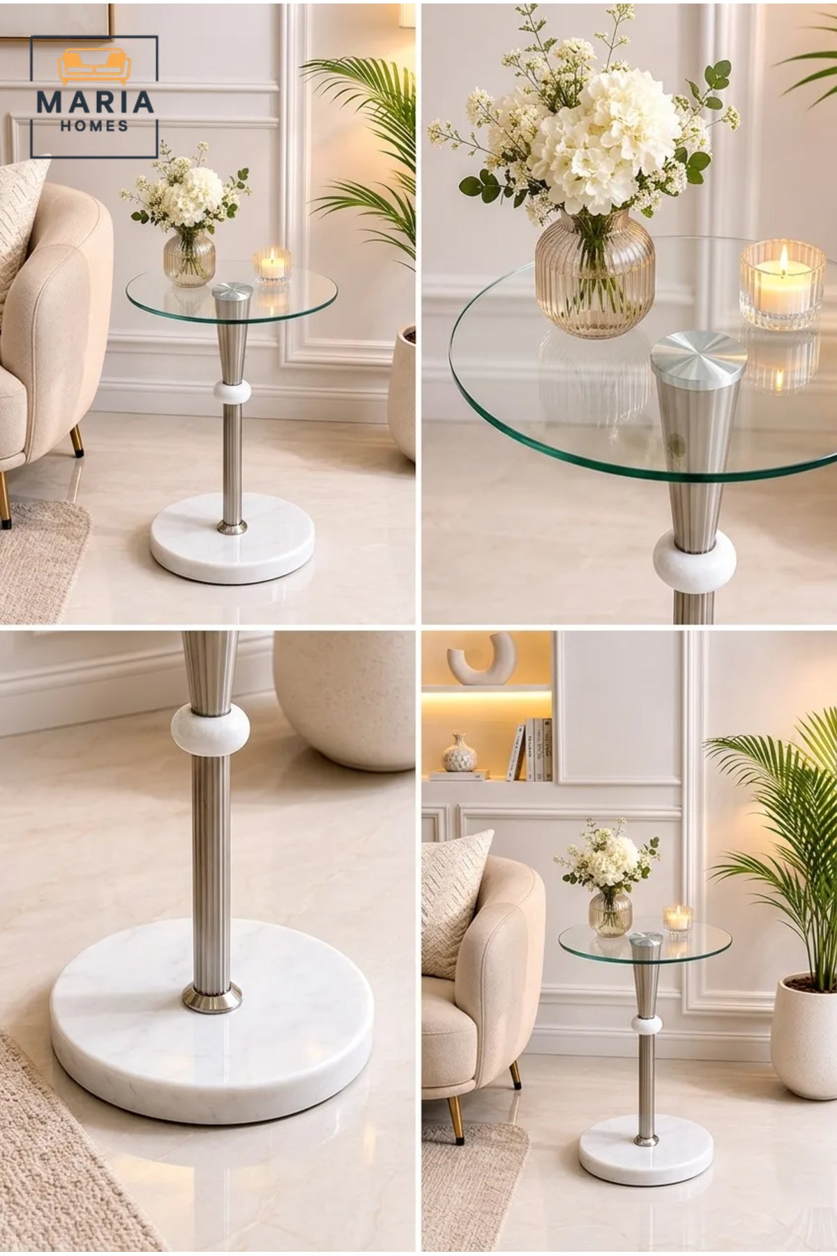 Modern Round Glass Side Table with Marble Base and Stainless Steel Frame