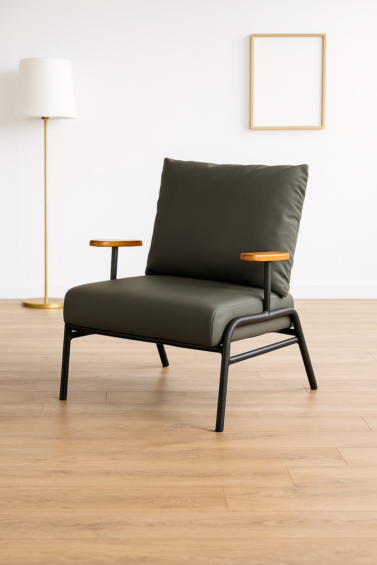 Modern Gray Lounge Chair Ð Metal Frame Accent Chair with Wooden Armrests and Cushioned Seat
