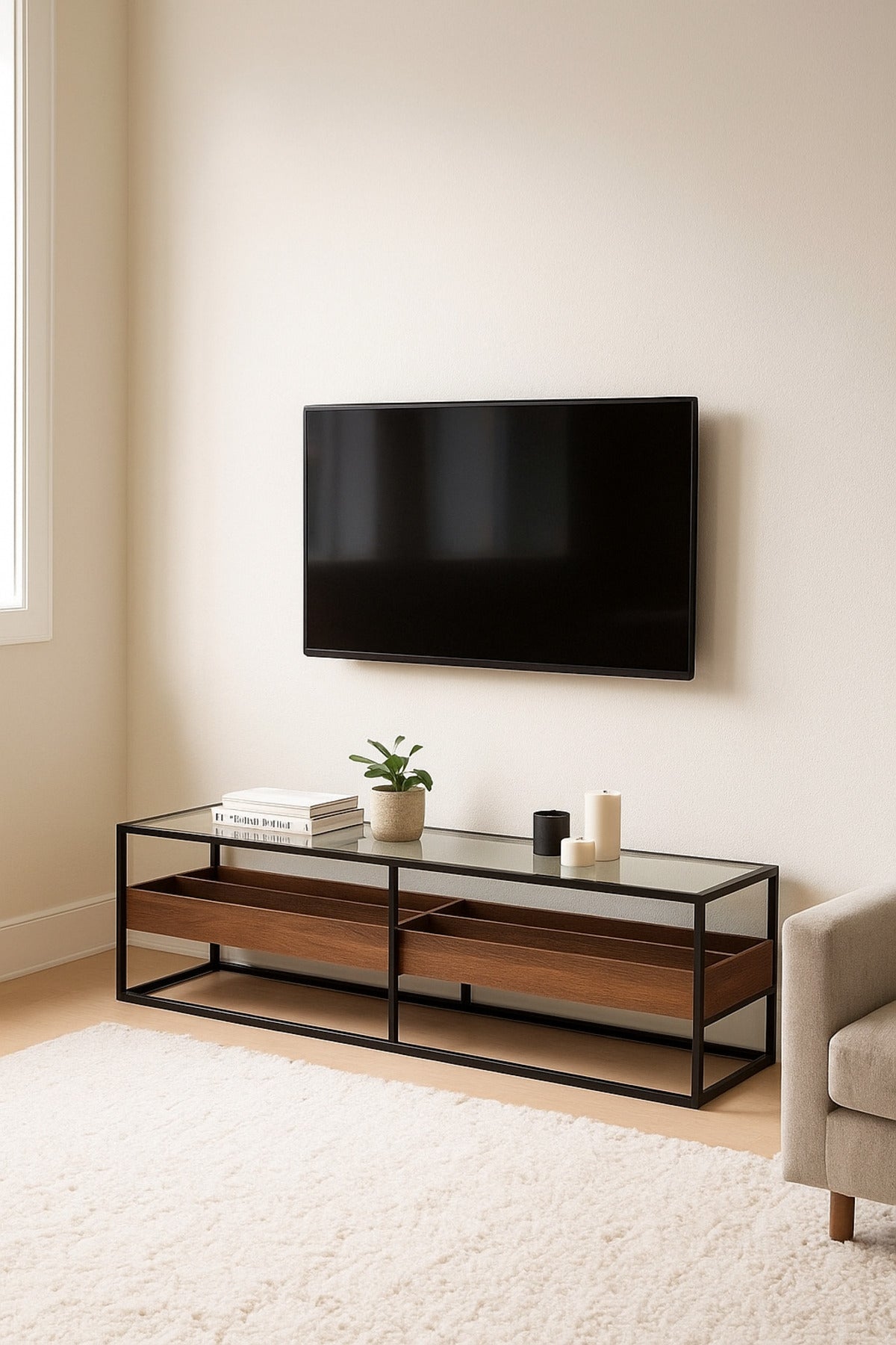 Modern Walnut TV Table with Glass Top & Black Metal Frame Ð 180_40_45 cm