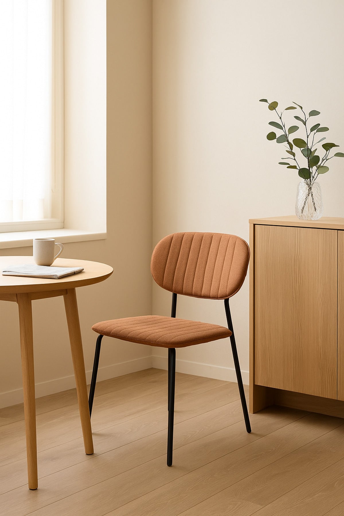 Brown Fabric Dining Chair Ð Modern Minimalist Chair with Black Metal Legs for Dining Room & Office
