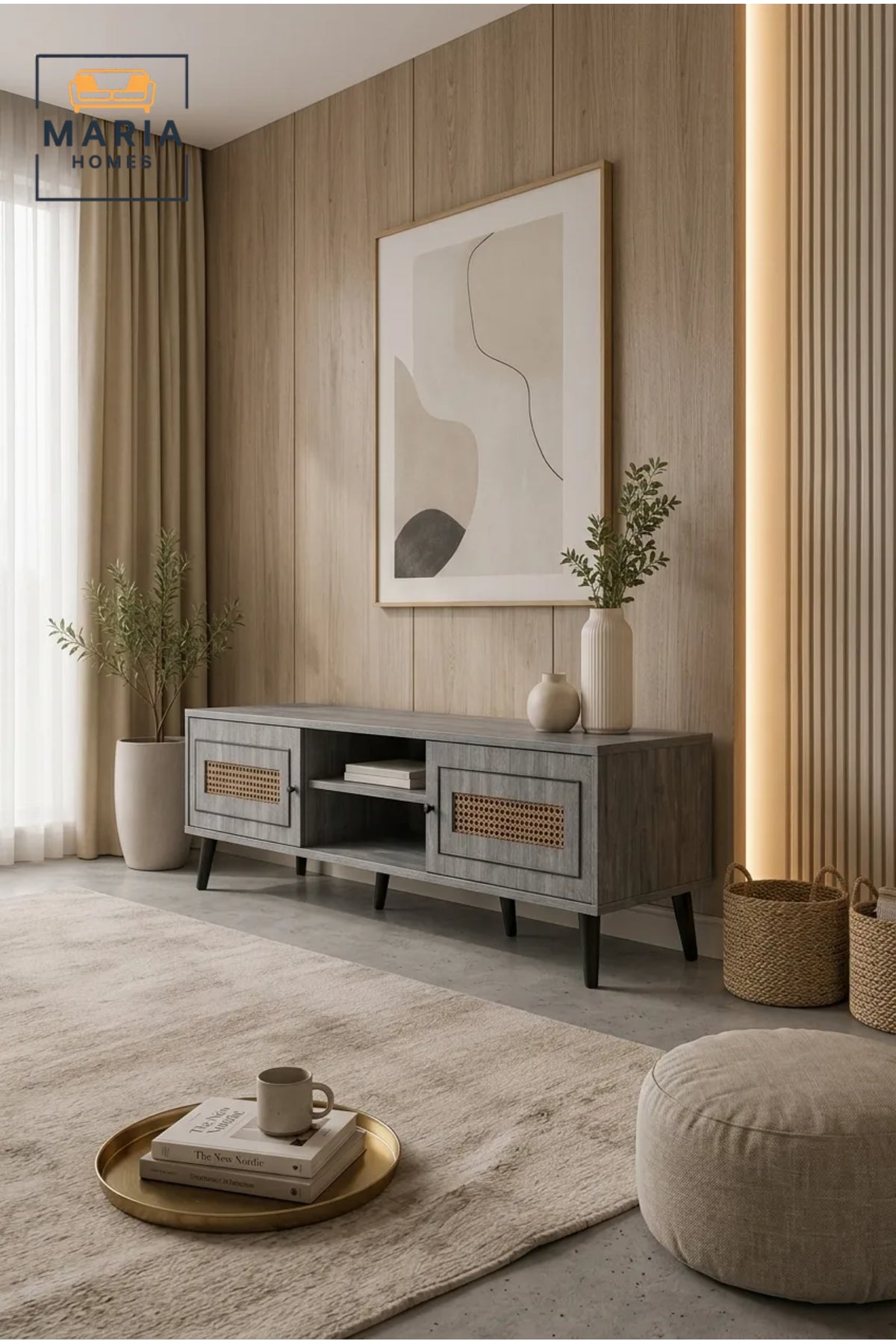 Modern Grey Rattan TV Unit 160 _ 40 _ 45 cm √ê Wooden Entertainment Center with Storage Cabinets and Open Shelves