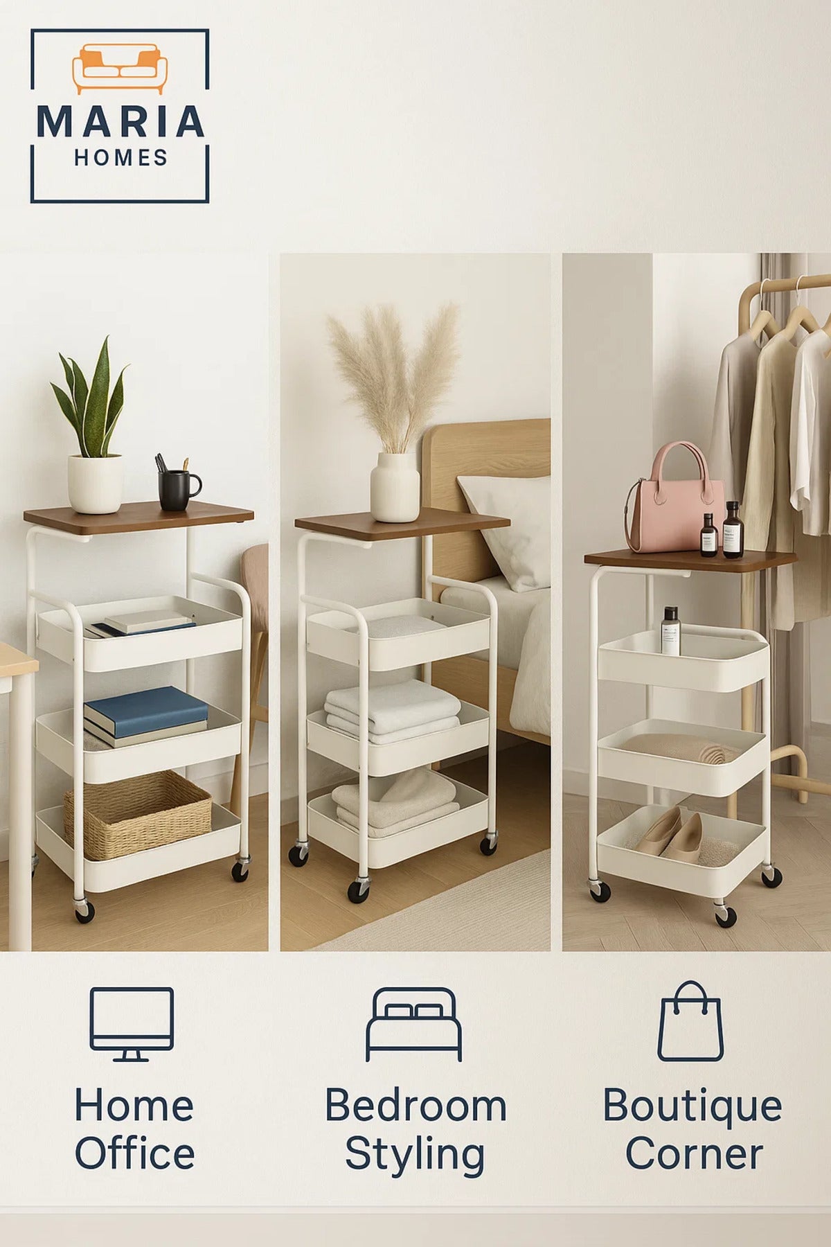 3-Tier Bedside Storage Cart with Wooden Top Ð Rolling Organizer for Bedroom or Living Room