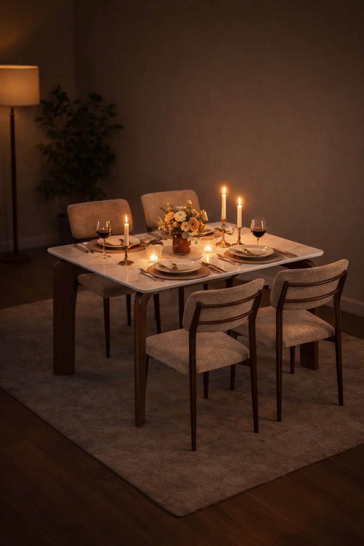 Luxury 5-Piece Dining Room Set with Marble Look Table and 4 Beige Chairs for Modern Home Interiors