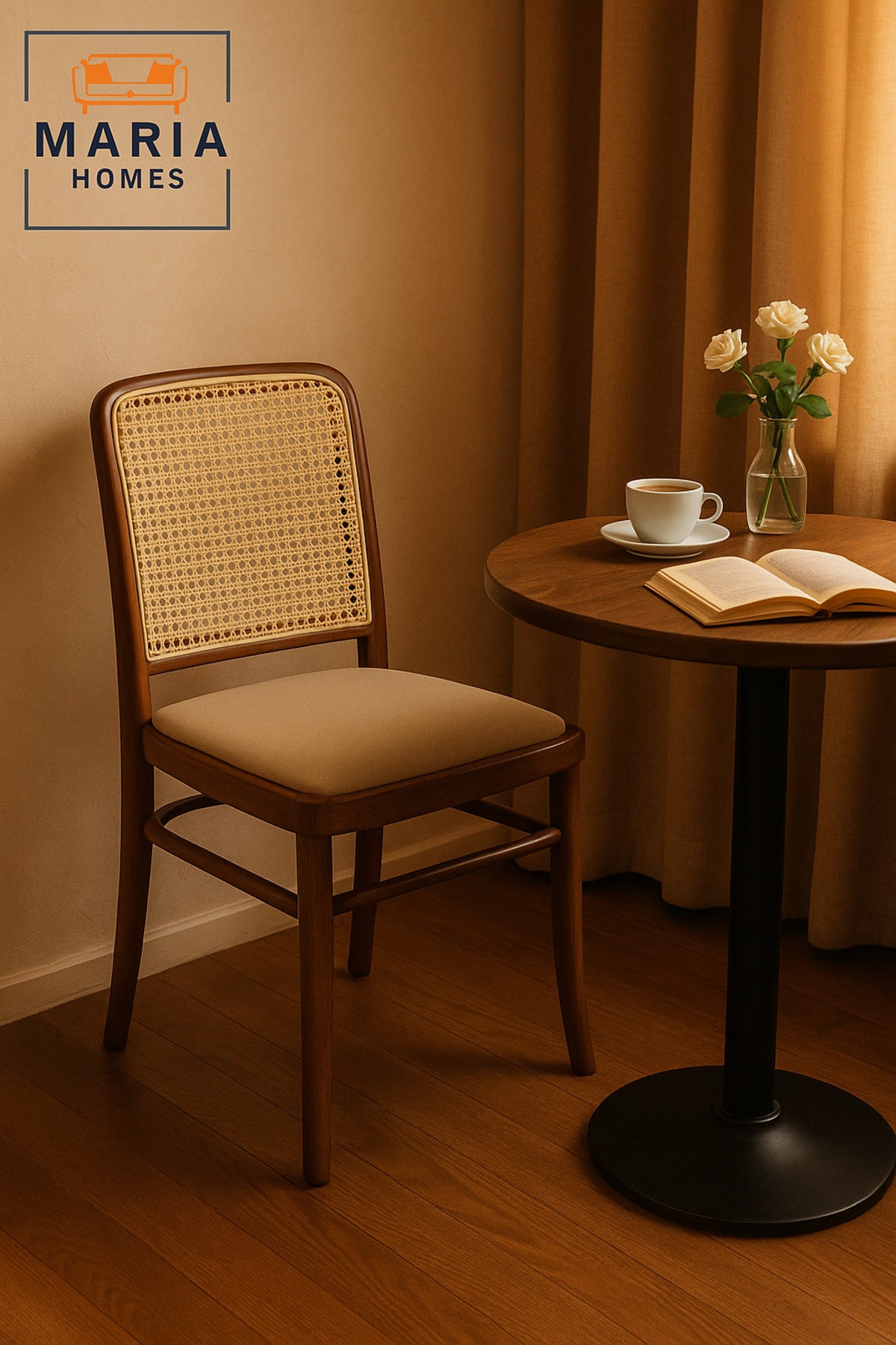 Elegant Walnut Dining Chair with Cane Backrest and Cushioned Seat