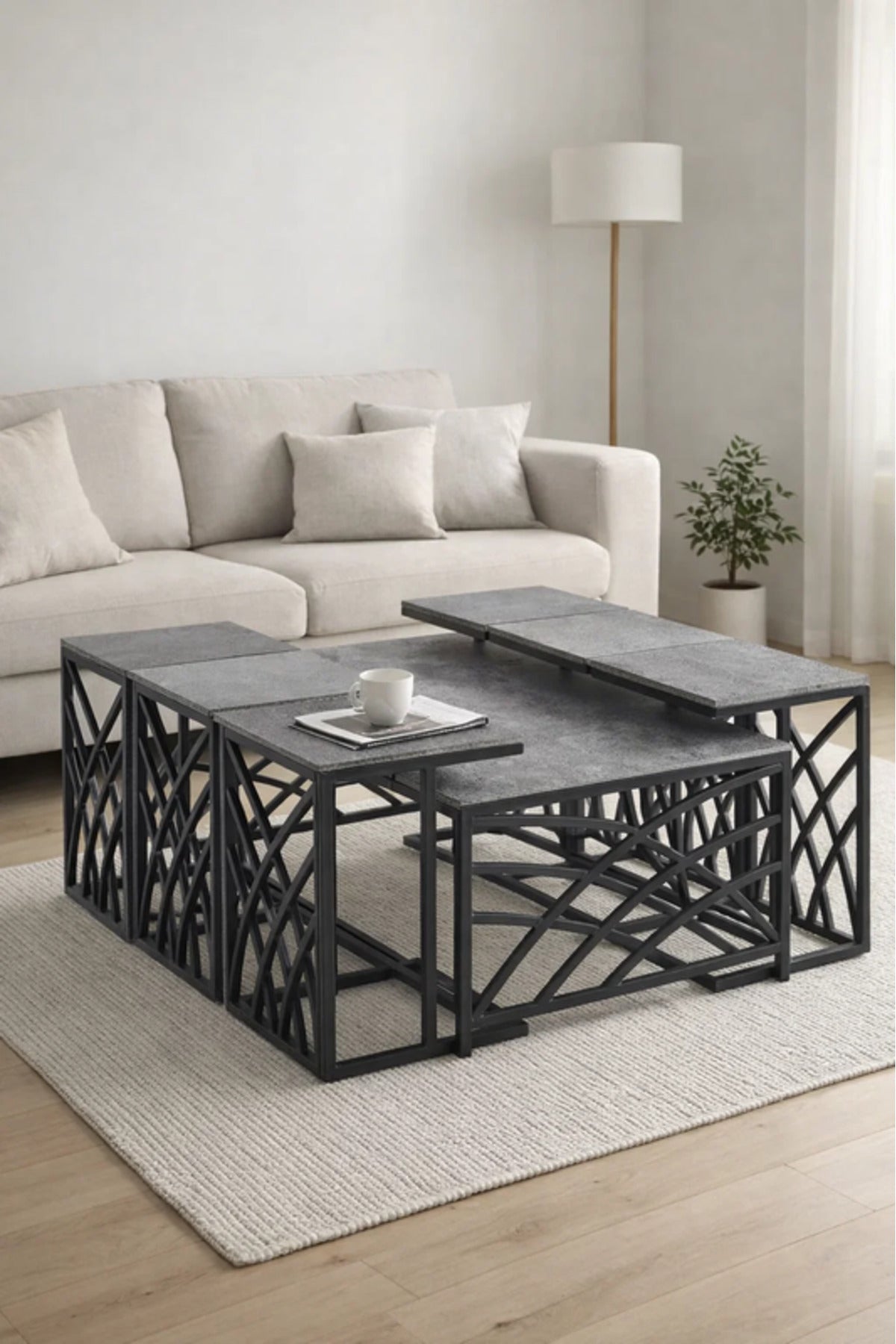 Modern Grey Coffee Table Set with 6 Side Tables 130 _ 70 _ 45 cm