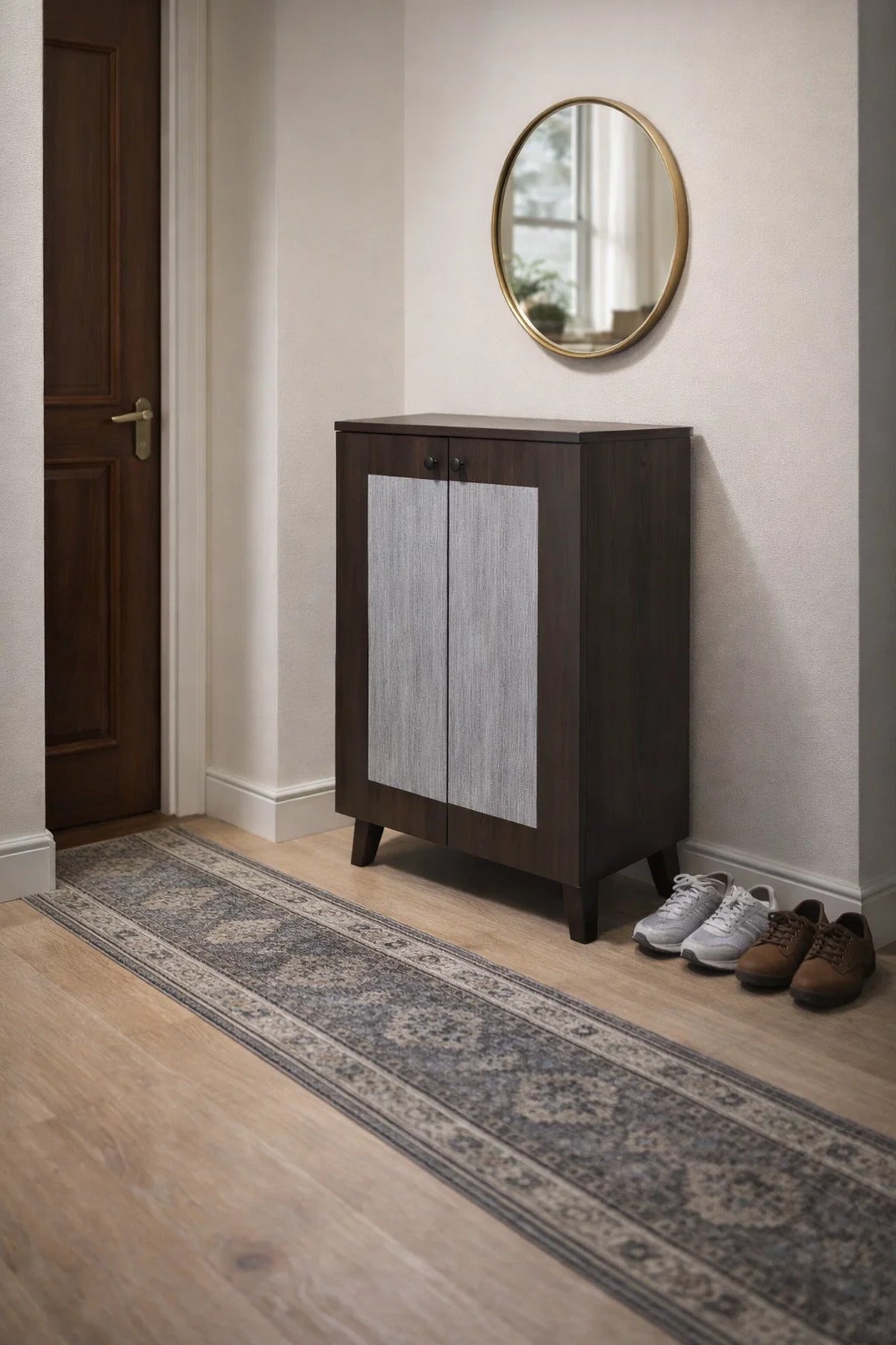 Modern 2-Door Wooden Shoe Cabinet Storage Organizer for Hallway Entryway Brown and Grey Finish