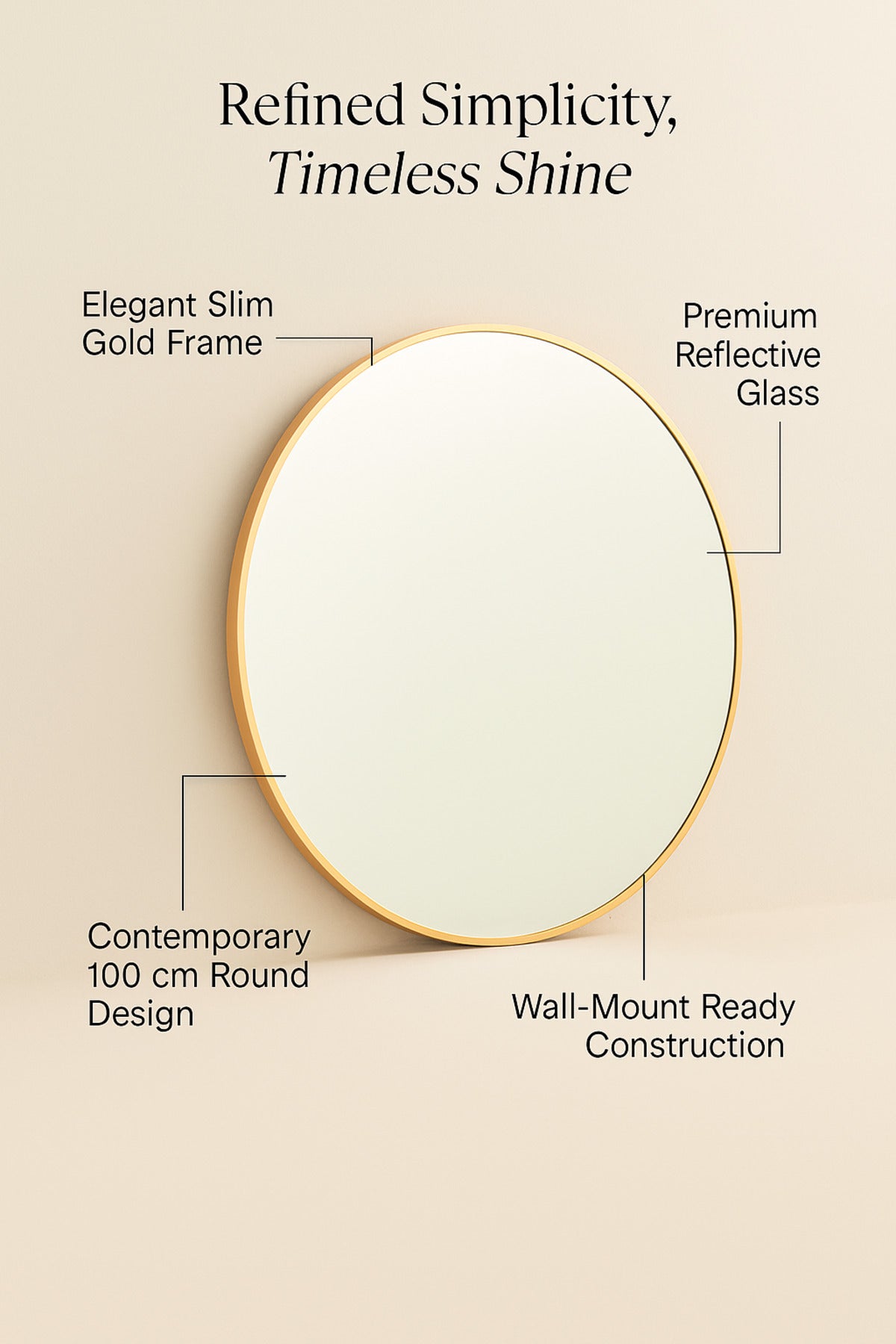 Round Wall Mirror with Gold Frame Ð 100 cm Modern Decorative Mirror for Living Room & Bedroom