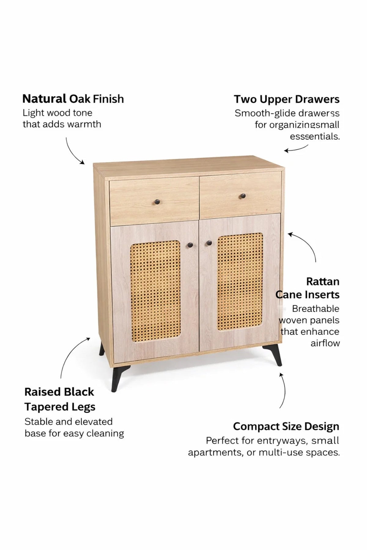 Modern Rattan Shoe Cabinet with Drawers - Wooden Storage Cupboard for Hallway and Living Room