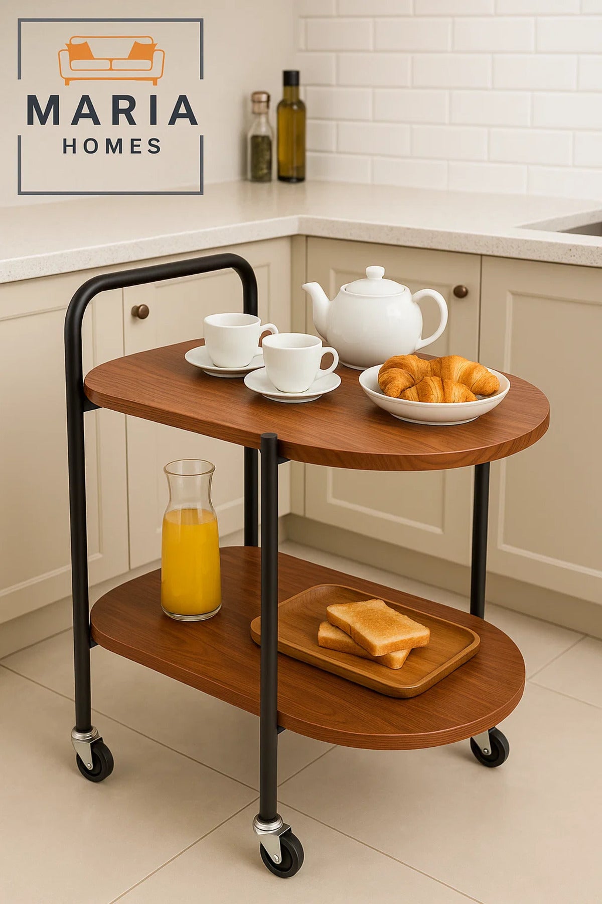 Oval 2-Tier Wooden Bar Cart Ð Walnut Finish Serving Trolley with Black Metal Frame and Wheels
