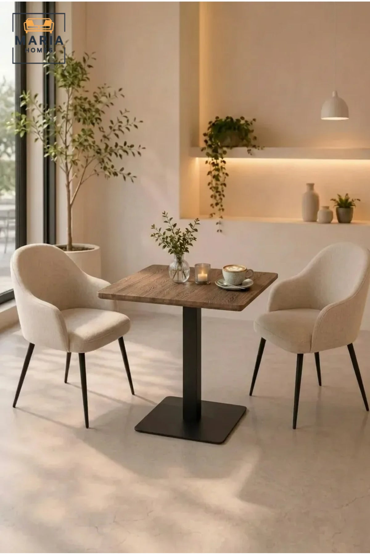 Modern Square Dining Table with Wood Effect Top and Pedestal Base, Space-Saving Table for Dining Room, Kitchen, Café, Restaurant and Break Room