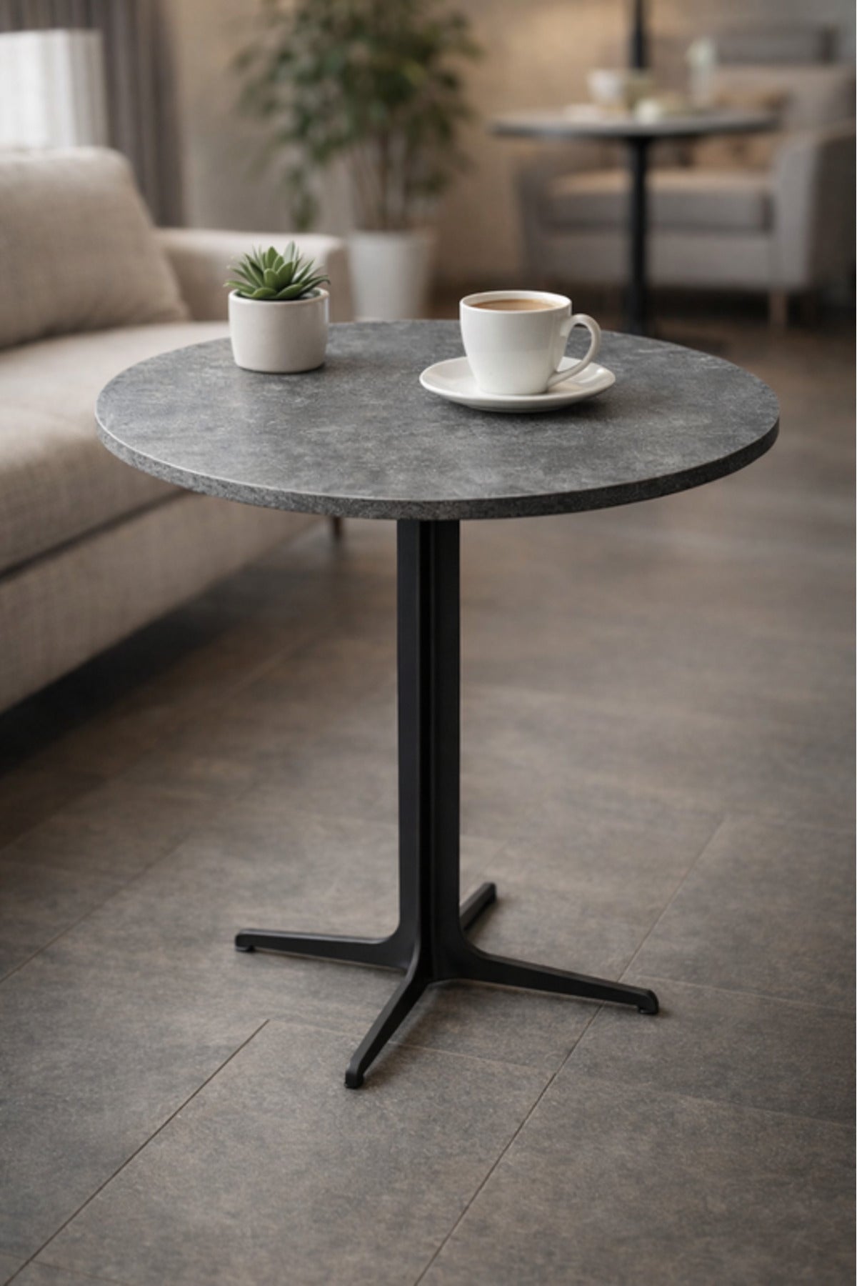 Modern Grey Round Coffee Table with Black Base, 70x70x75 CM modern grey round Dinner