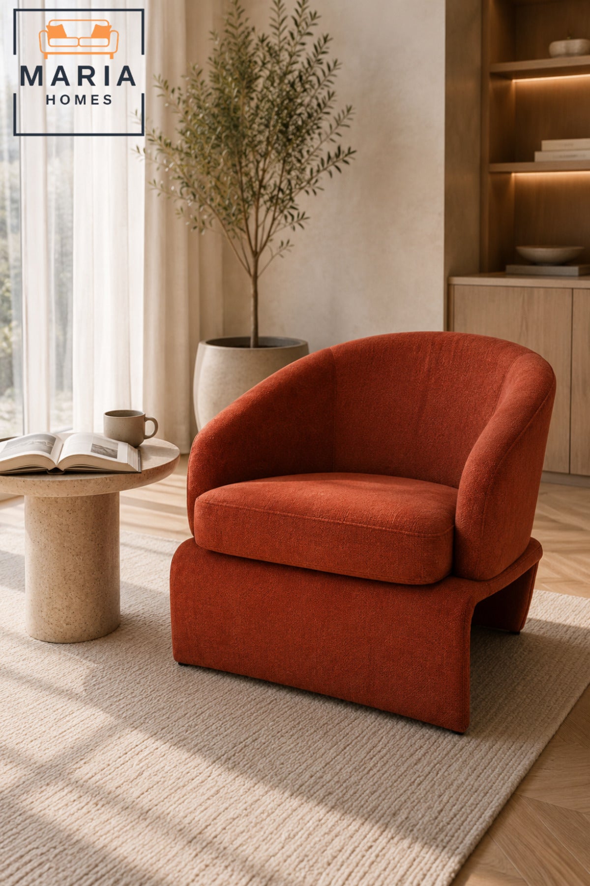 Orange Upholstered Barrel Accent Chair – Modern Lounge Chair for Living Room, Bedroom, Hotel & Reception Area
