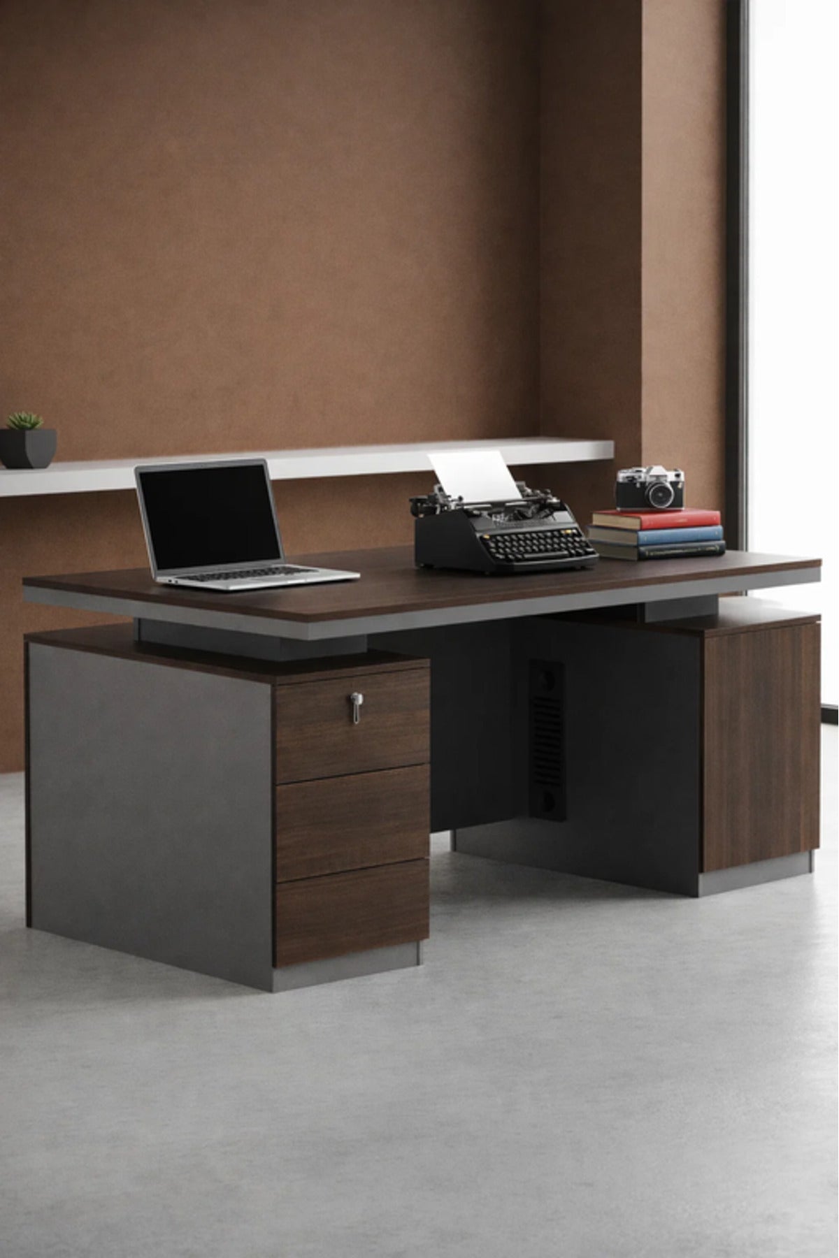 Modern DARK BROWN Executive Desk with Drawer & Cable Management