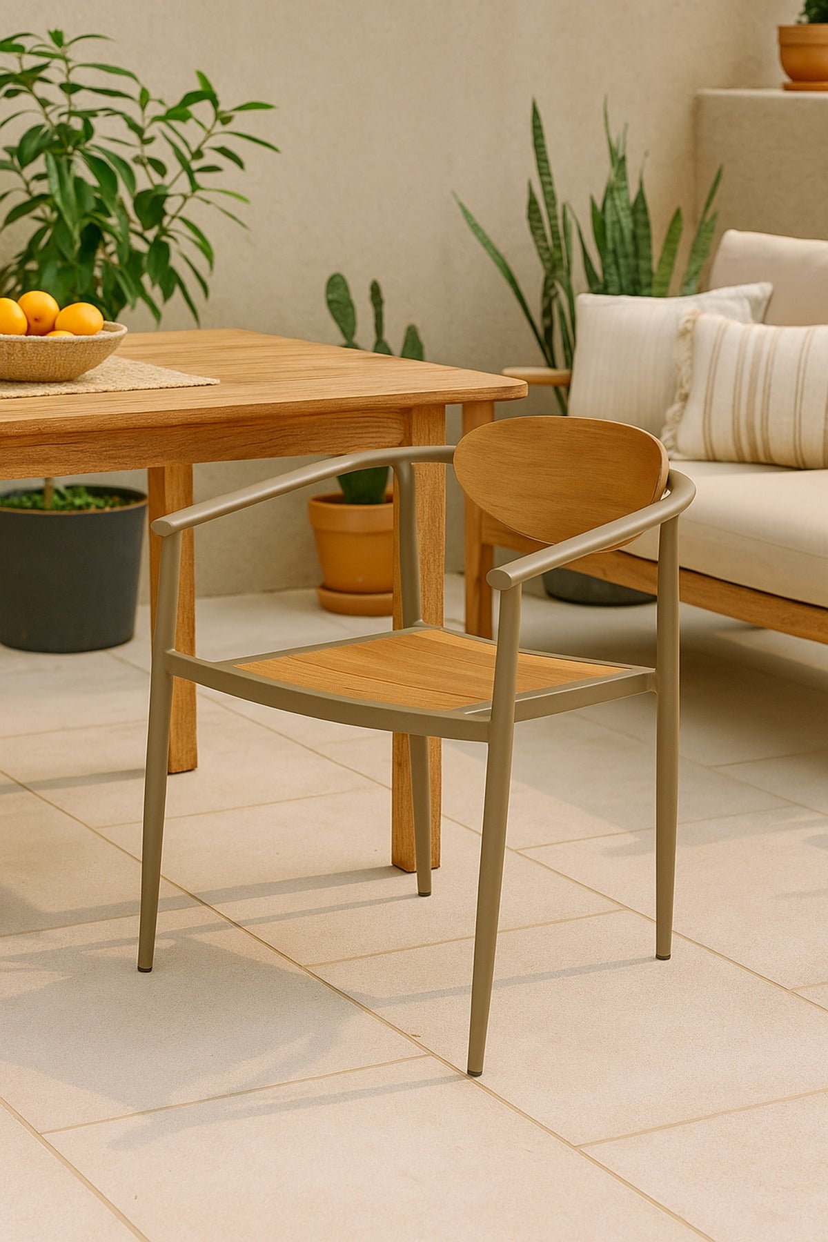 Champagne Metal and Wood Chair Modern Dining Armchair with Wooden Seat and Backrest for Home & CafŽ