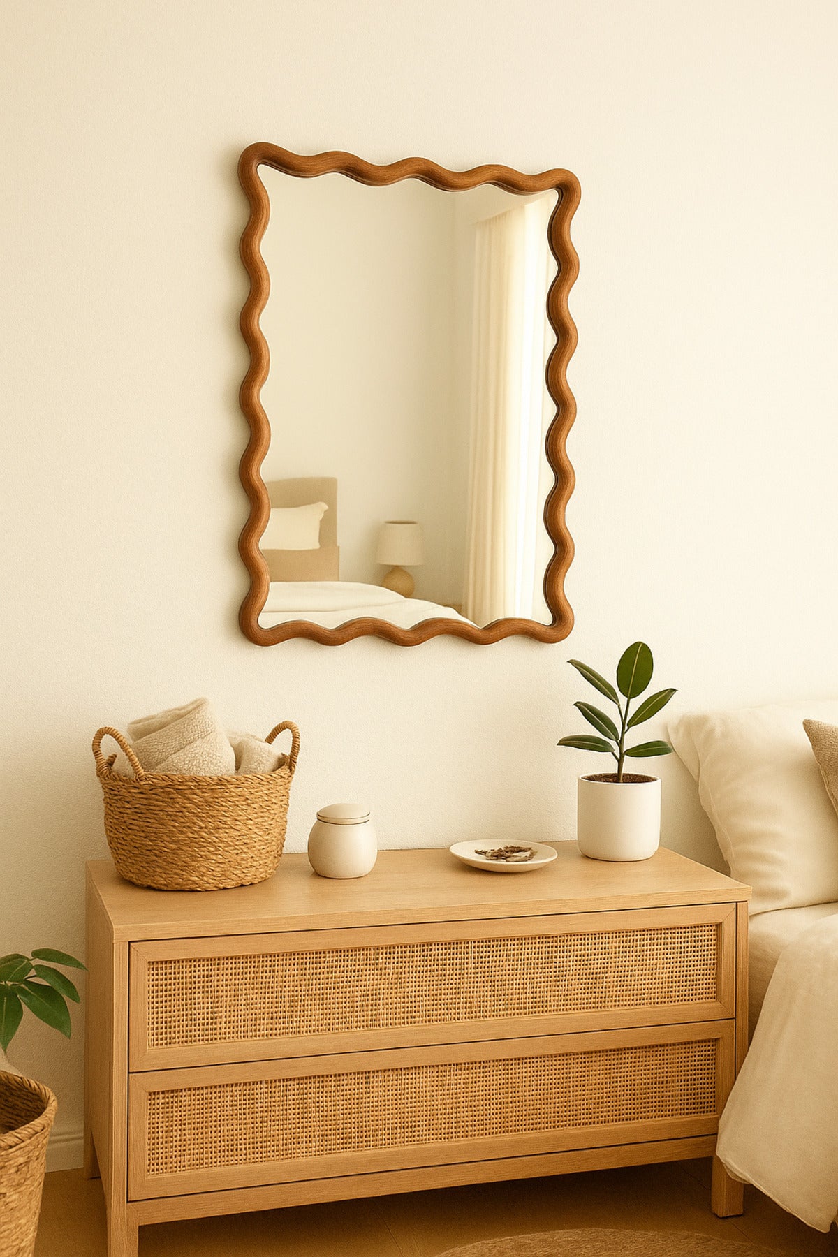Wavy Edge Decorative Wall Mirror with Wooden Frame Ð Natural 60_90 cm