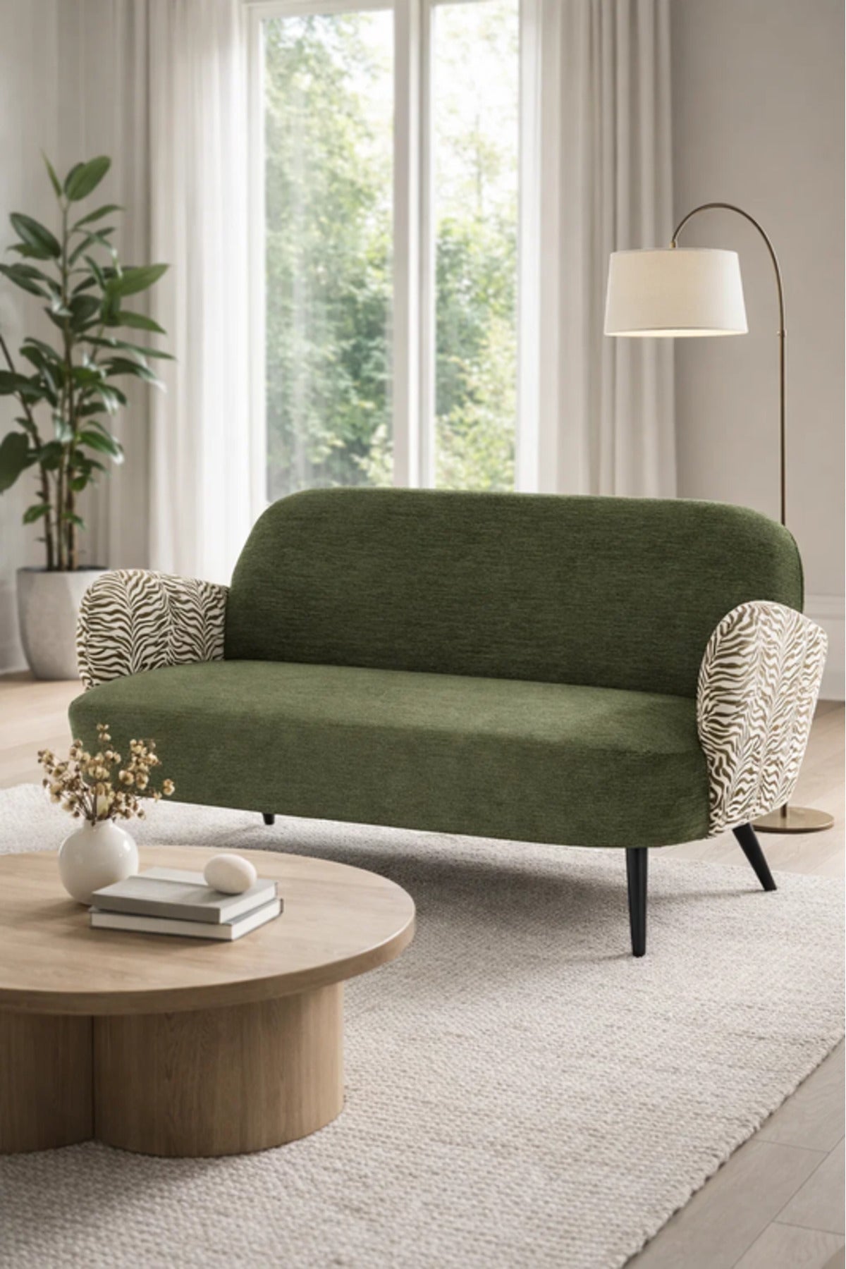 Modern Green Two Seat Sofa with Patterned Armrests Upholstered Living Room Couch modern