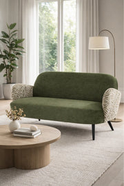 Modern Green Two Seat Sofa with Patterned Armrests Upholstered Living Room Couch modern