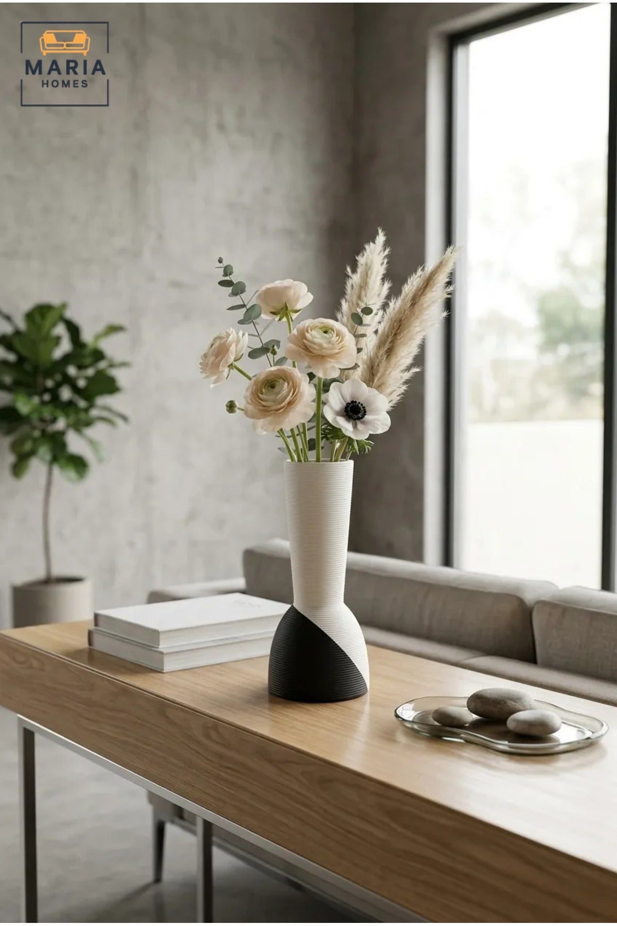 Modern Tall Decorative Flower Vase with Two-Tone Abstract Design, Narrow Opening and Ribbed Texture for Living Room, Bedroom, Office and Console Décor