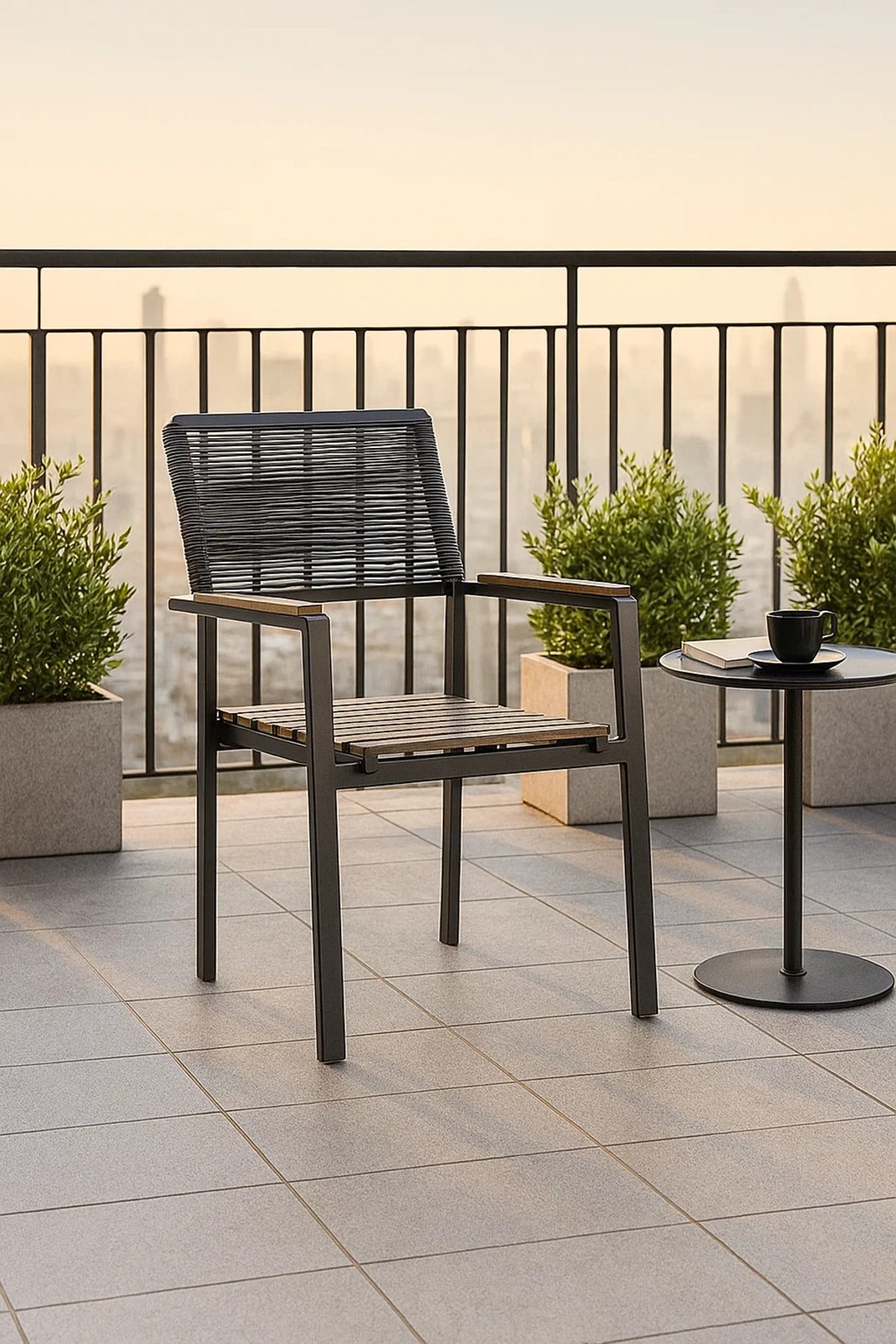 Modern Garden Chair Black Metal Frame Outdoor Patio Dining Chair for Balcony and Terrace
