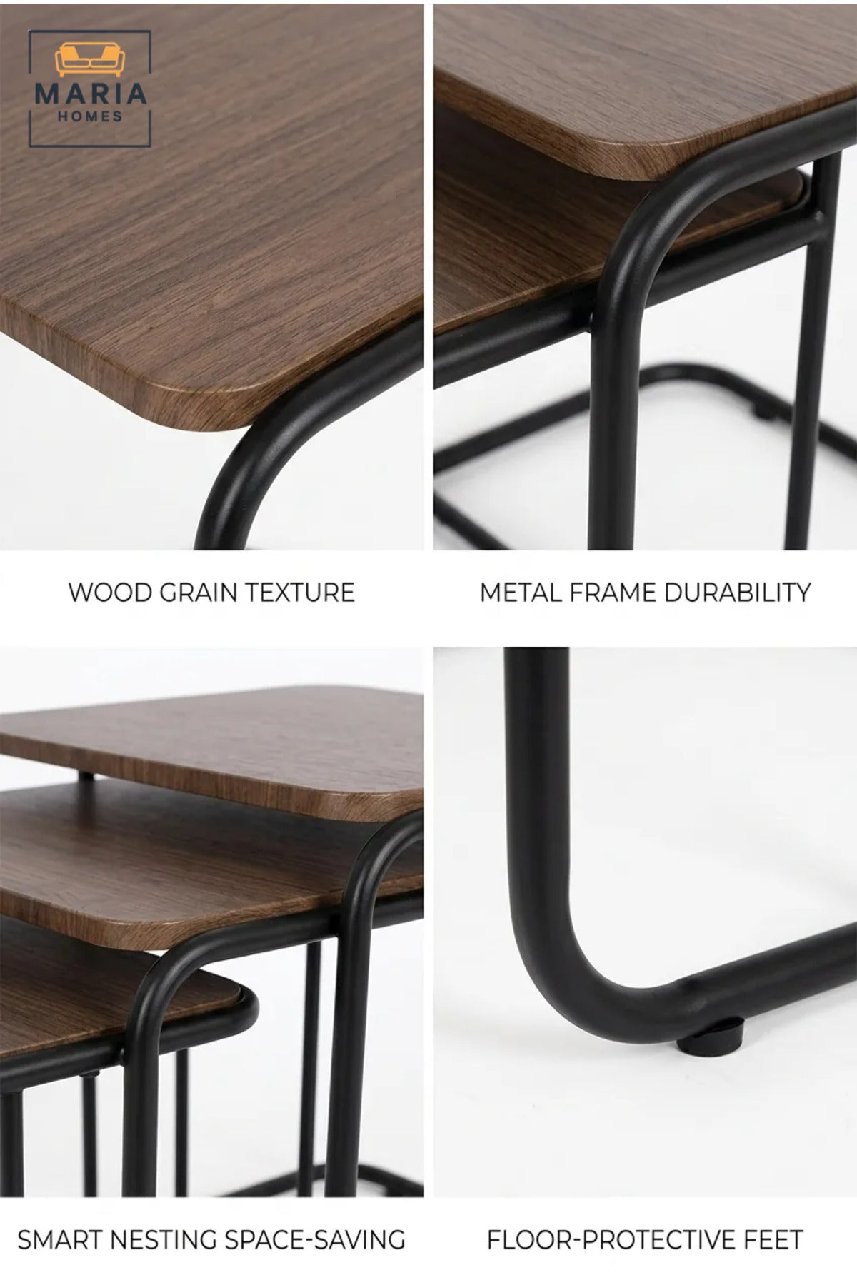 Set of 3 Nesting Side Tables with Wooden Tops and Metal Frames, Space-Saving End Tables for Living Room, Bedroom, Lounge and Office