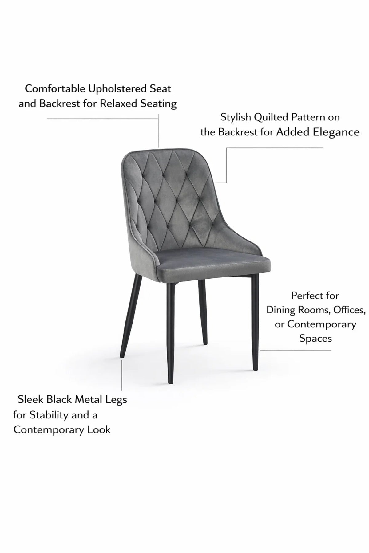 Modern Dark Grey Velvet Dining Chair Tufted Backrest Black Metal Legs Stylish Kitchen Seat Furniture
