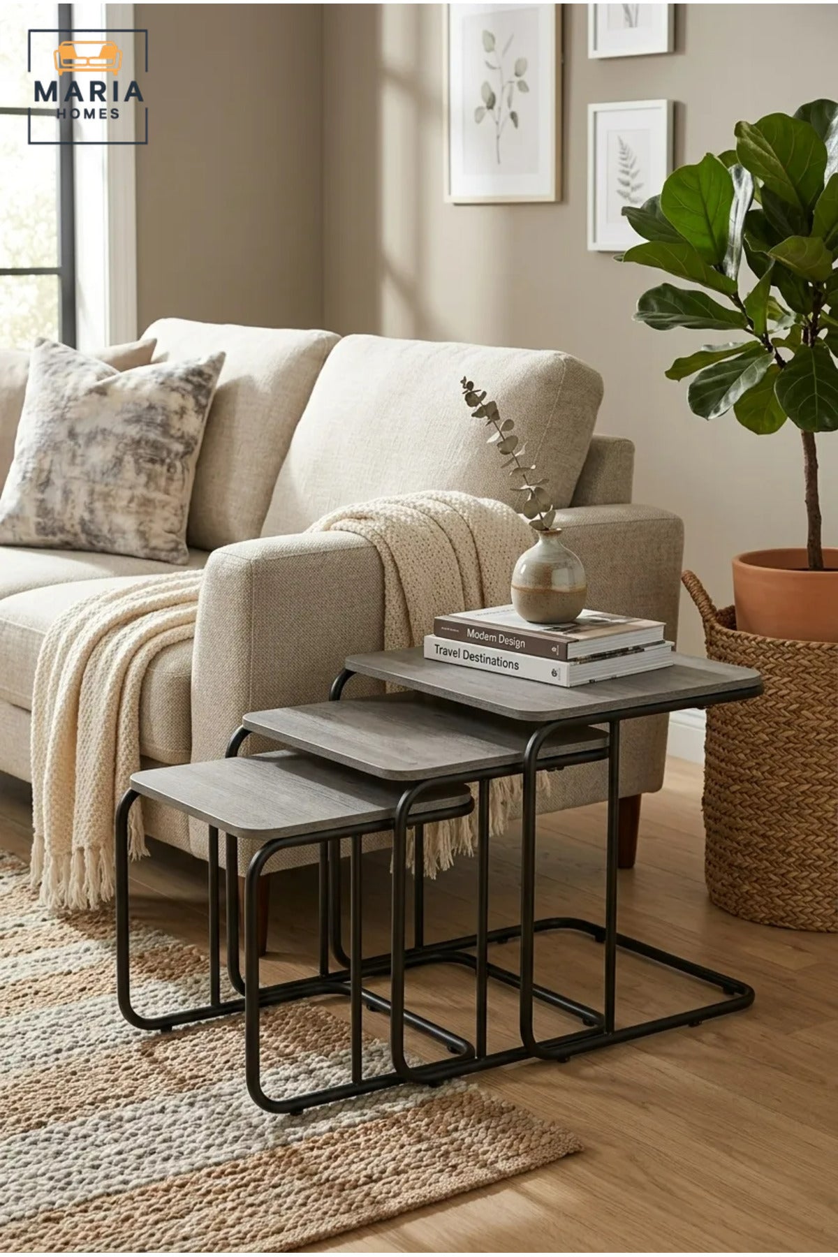 Set of 3 Nesting Side Tables with Rectangular Tops and Metal Frames, Space-Saving End Tables for Living Room, Bedroom, Lounge and Office