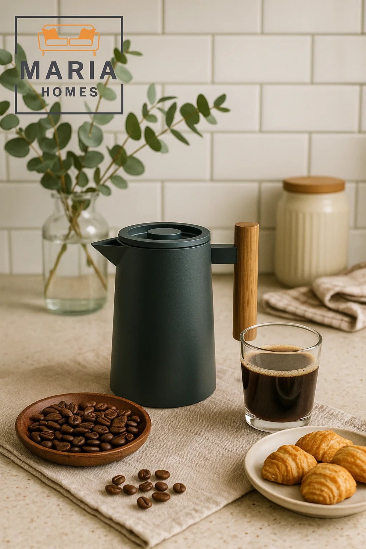 Modern Matte Insulated Thermos Jug with Wooden Handle Ð 1 Liter, Dark Grey