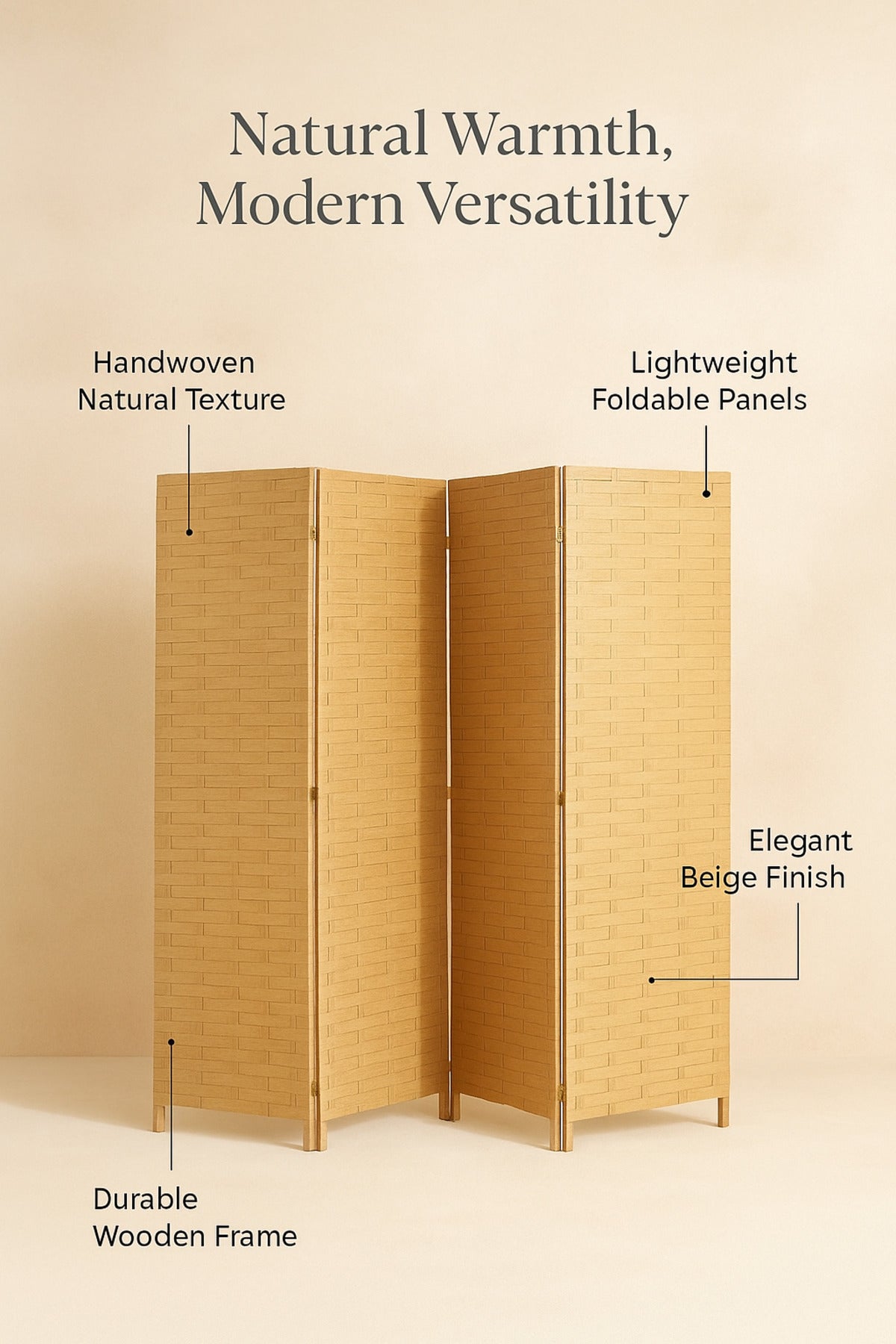 4-Panel Woven Room Divider Ð 180_180 cm Foldable Privacy Screen in Beige Rattan Design