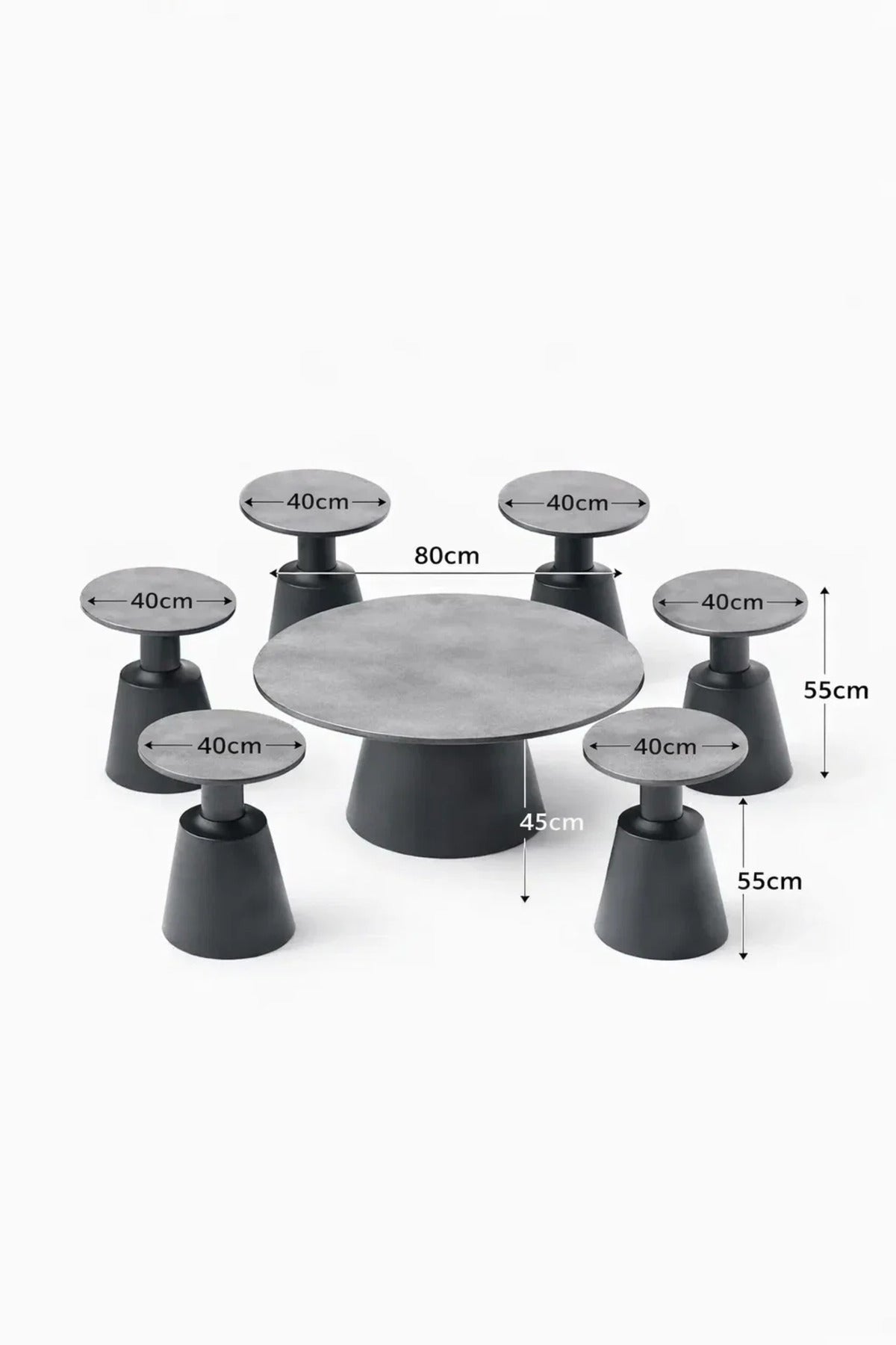 Modern Grey Round Coffee Table Set 1+6 Wood Top Black Cone Base Living Room Center Table Decor