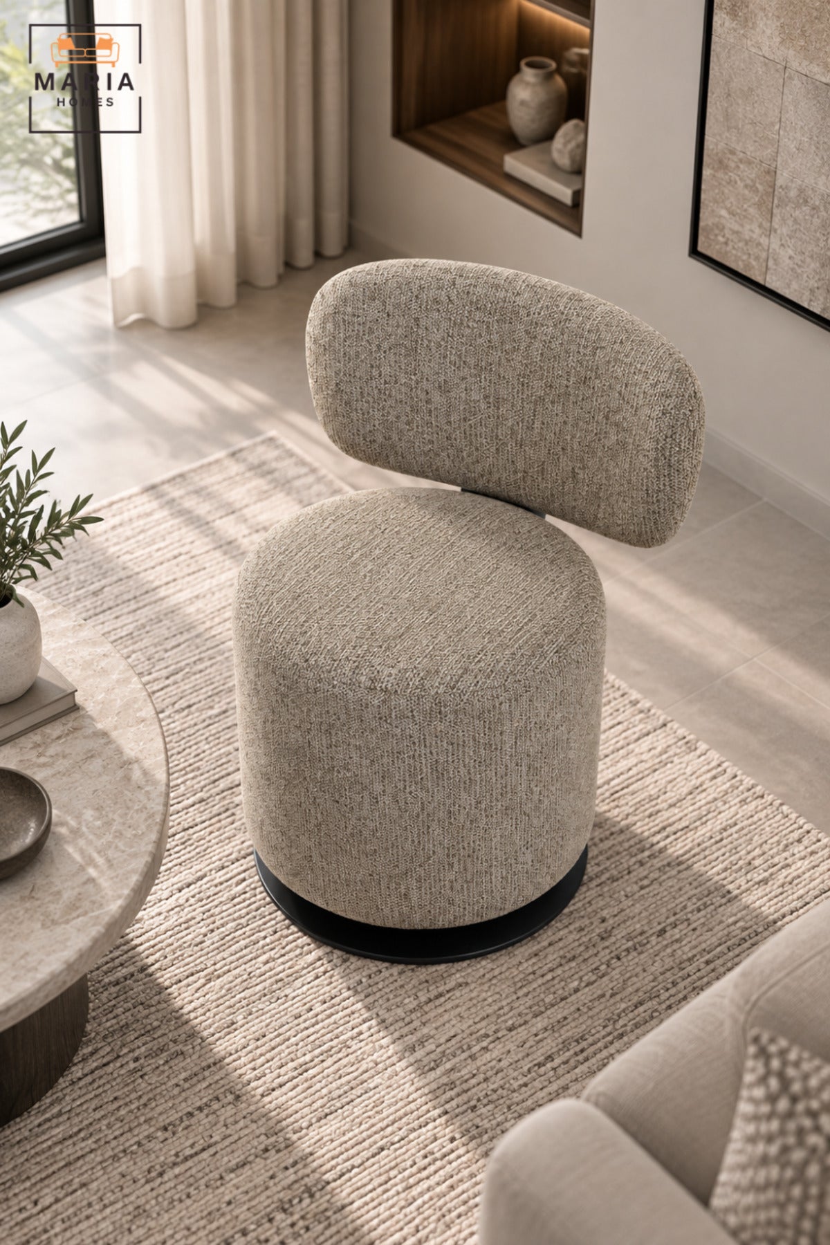 Modern 360° Swivel Arm Chair | Taupe Fabric Upholstered Accent Chair with Padded Seat, Curved Backrest & Black Round Base for Living Room