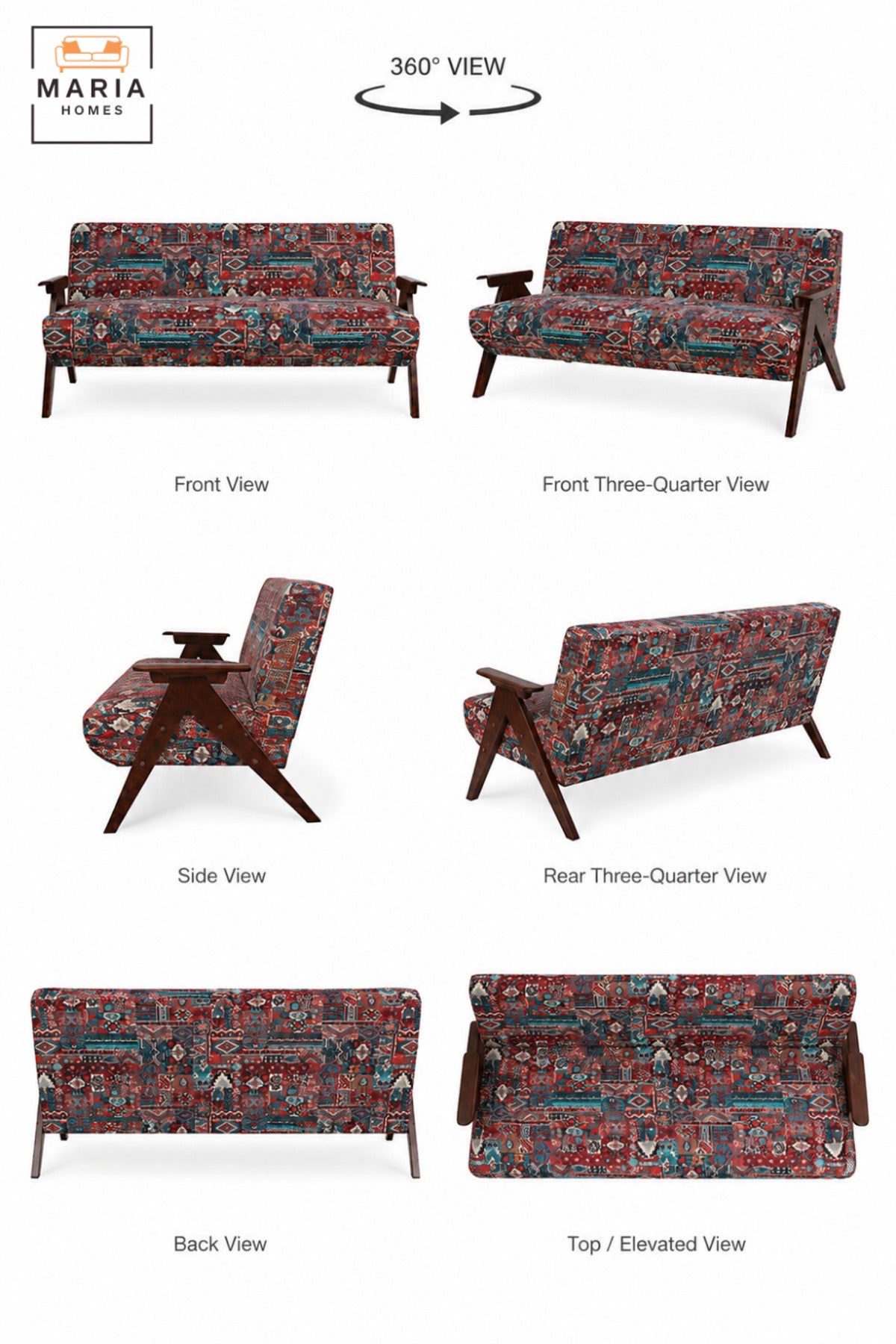 Traditional Pattern Upholstered 3 Seater Sofa with Wooden Arms & Legs | Vintage Style Accent Couch for Living Room, Lounge & Sitting Area