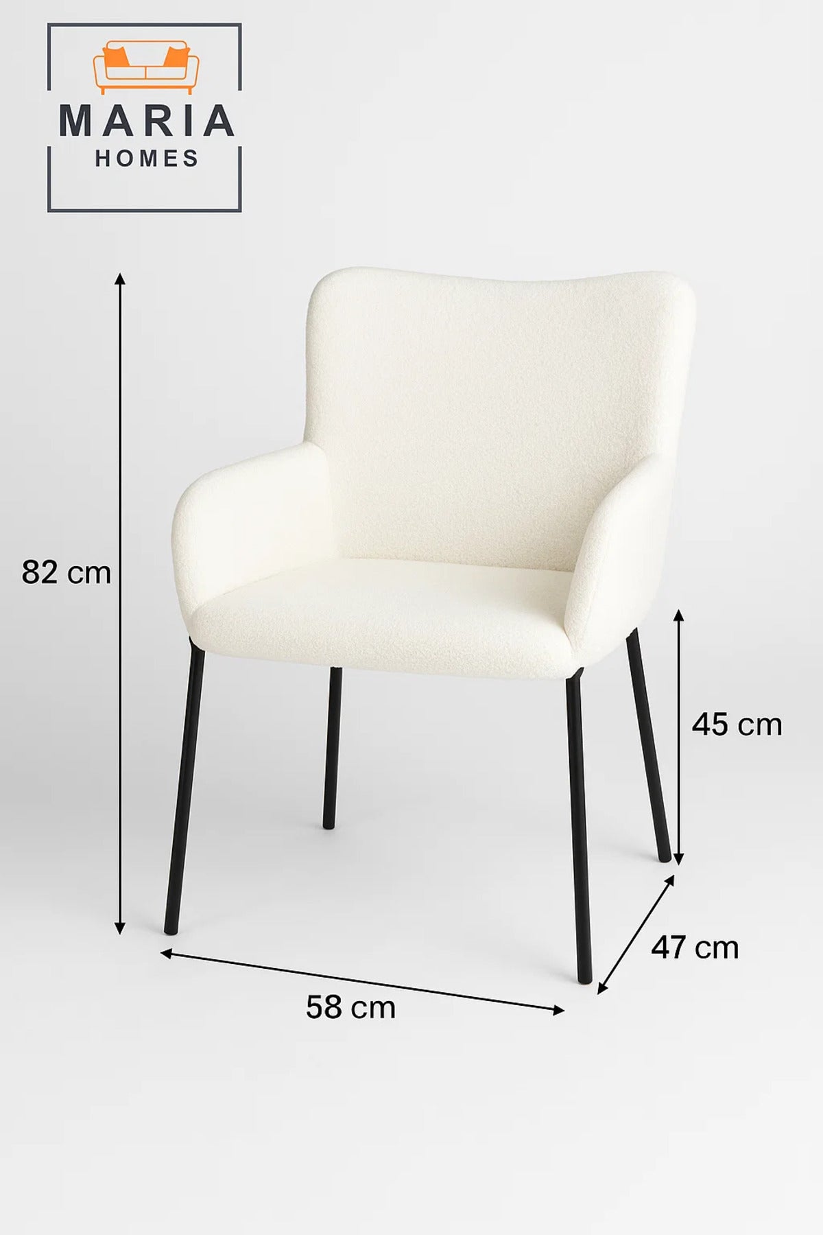 White BouclŽ High Back Armchair Ð Modern Upholstered Chair with Black Legs for Living Room or Office