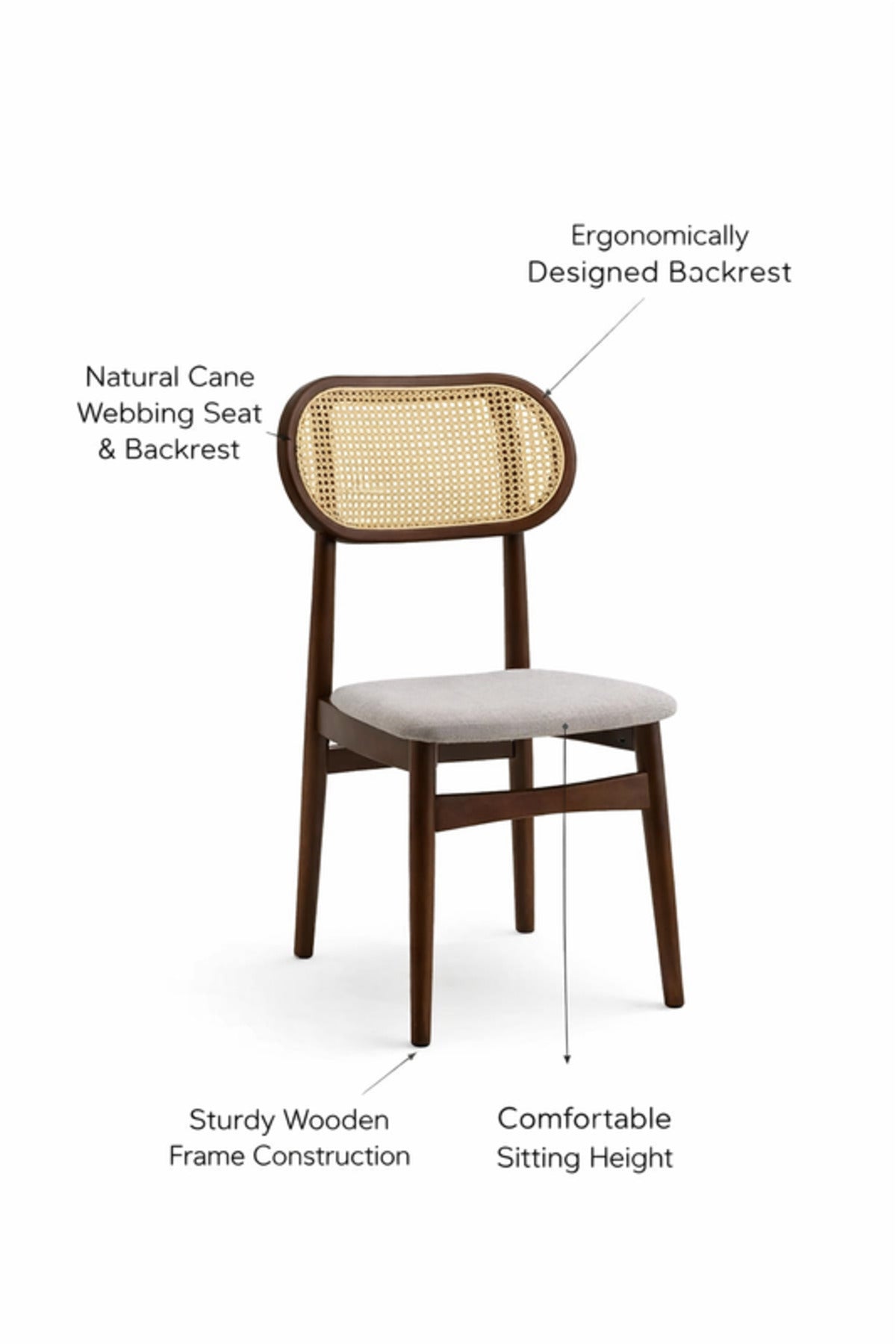 Dark Brown Wooden Dining Chair with Rattan Backrest Upholstered Seat 86cm Height dark