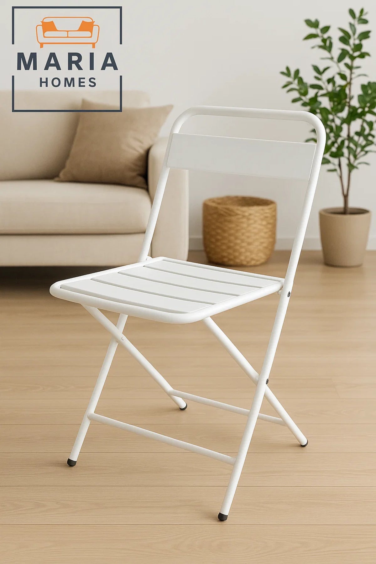 White Metal Folding Chair with Slatted Design Ð Lightweight and Compact for Indoor/Outdoor Use