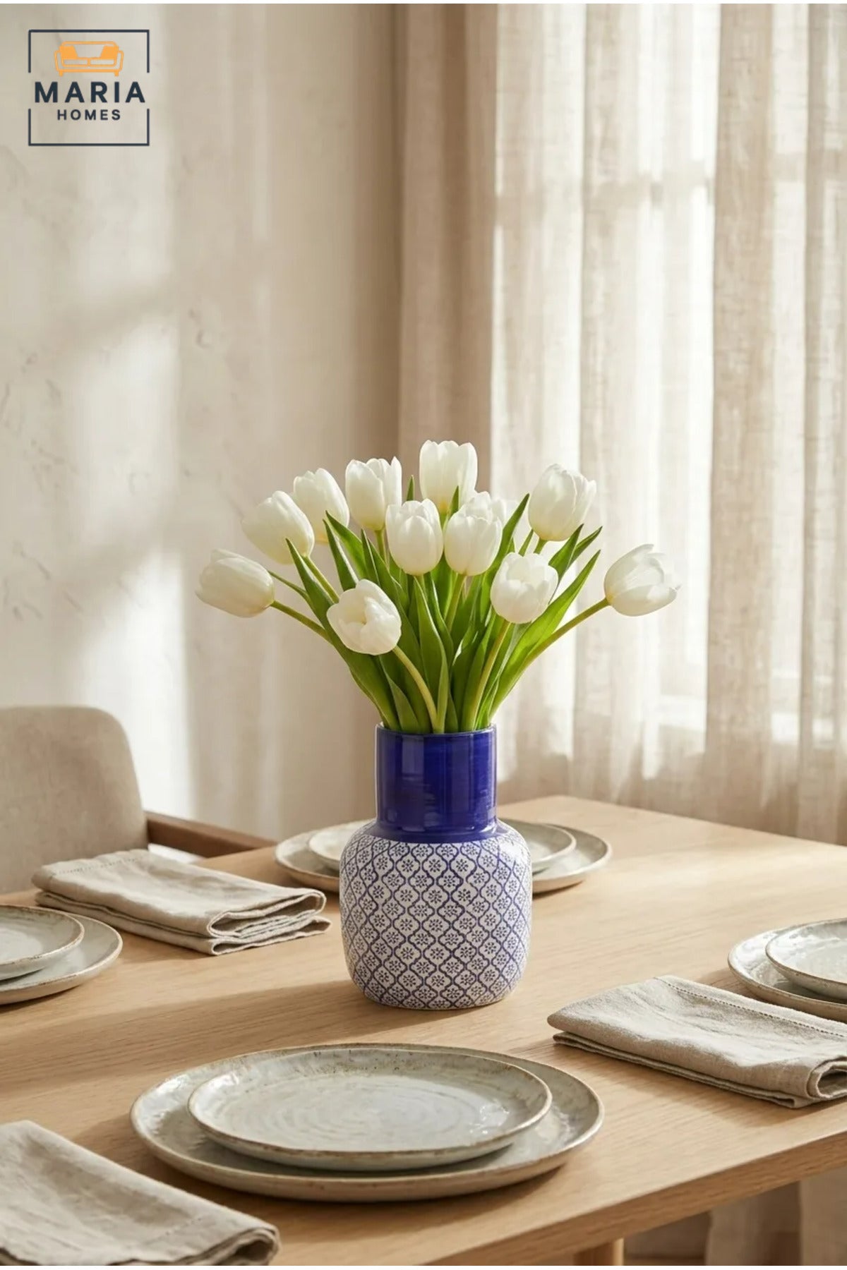 Blue and White Patterned Decorative Vase, Modern Ceramic Flower Holder with Tall Glossy Neck for Living Room, Bedroom, Office, Shelf and Table Décor