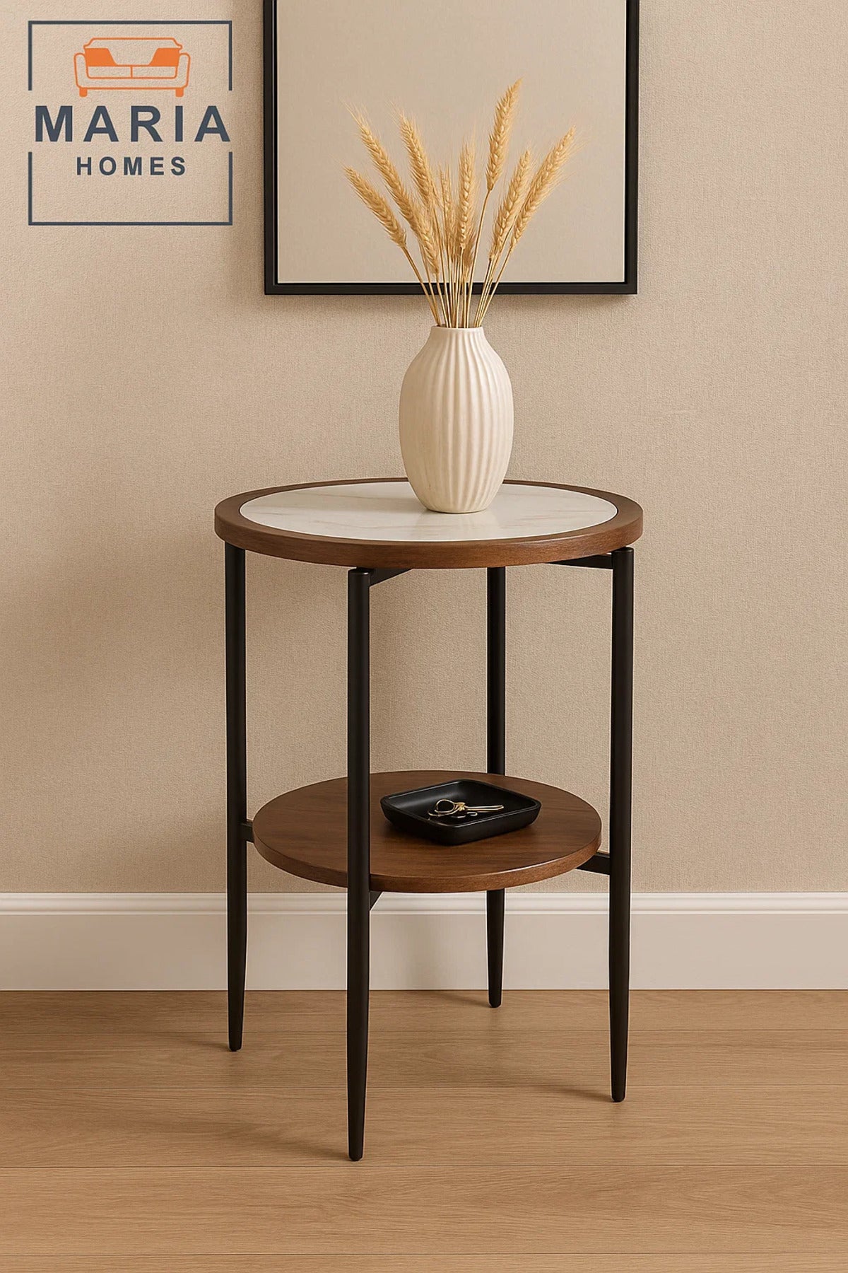 Round Side Table with White Marble-Inspired Top and Wooden Shelf