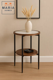 Round Side Table with White Marble-Inspired Top and Wooden Shelf