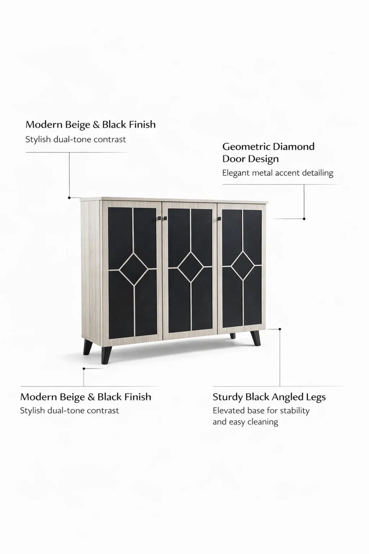 Stylish 3-Door Shoe Storage Cabinet Geometric Design Beige and Black Wood for Modern Hallways