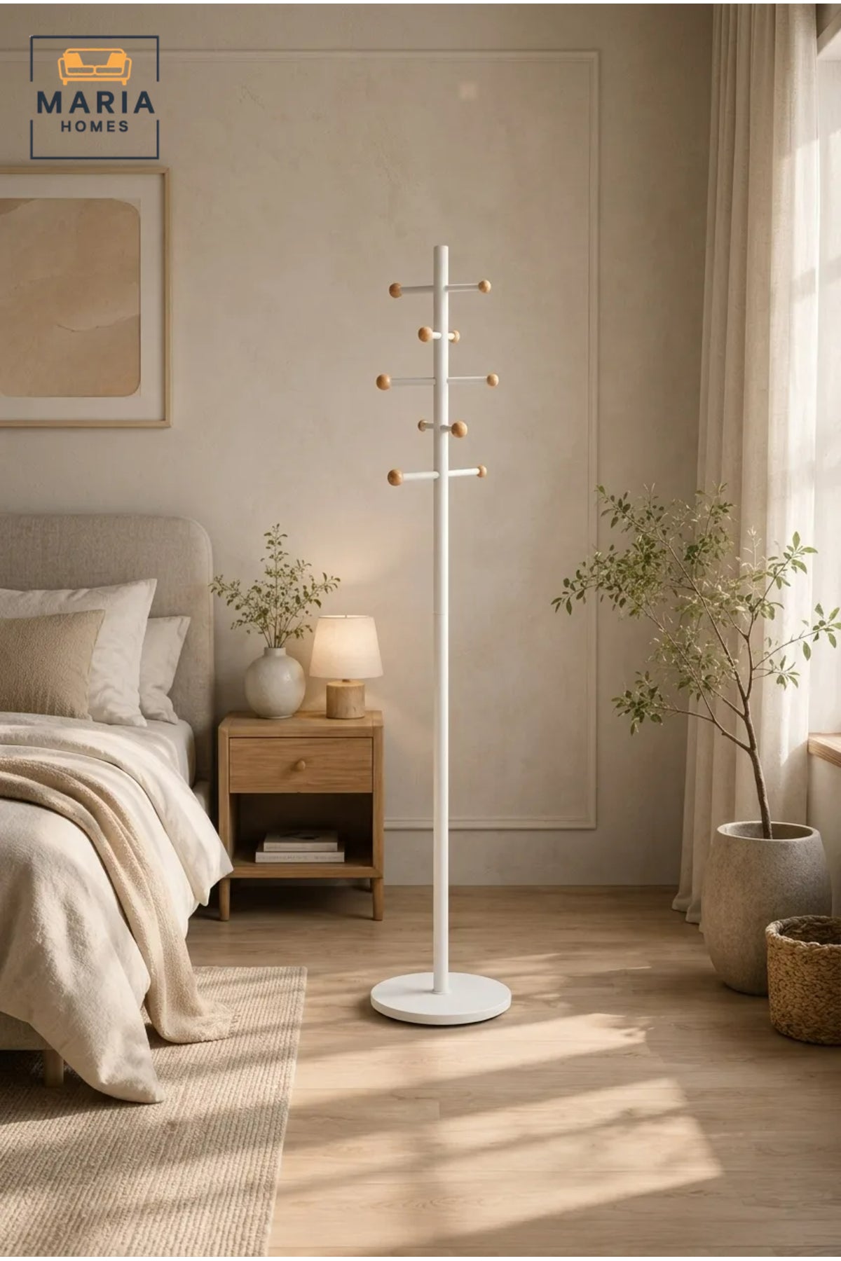 Modern White Coat Rack with Wooden Knobs Ð Freestanding Clothes Stand, Entryway Organizer & Multi-Hook Coat Tree
