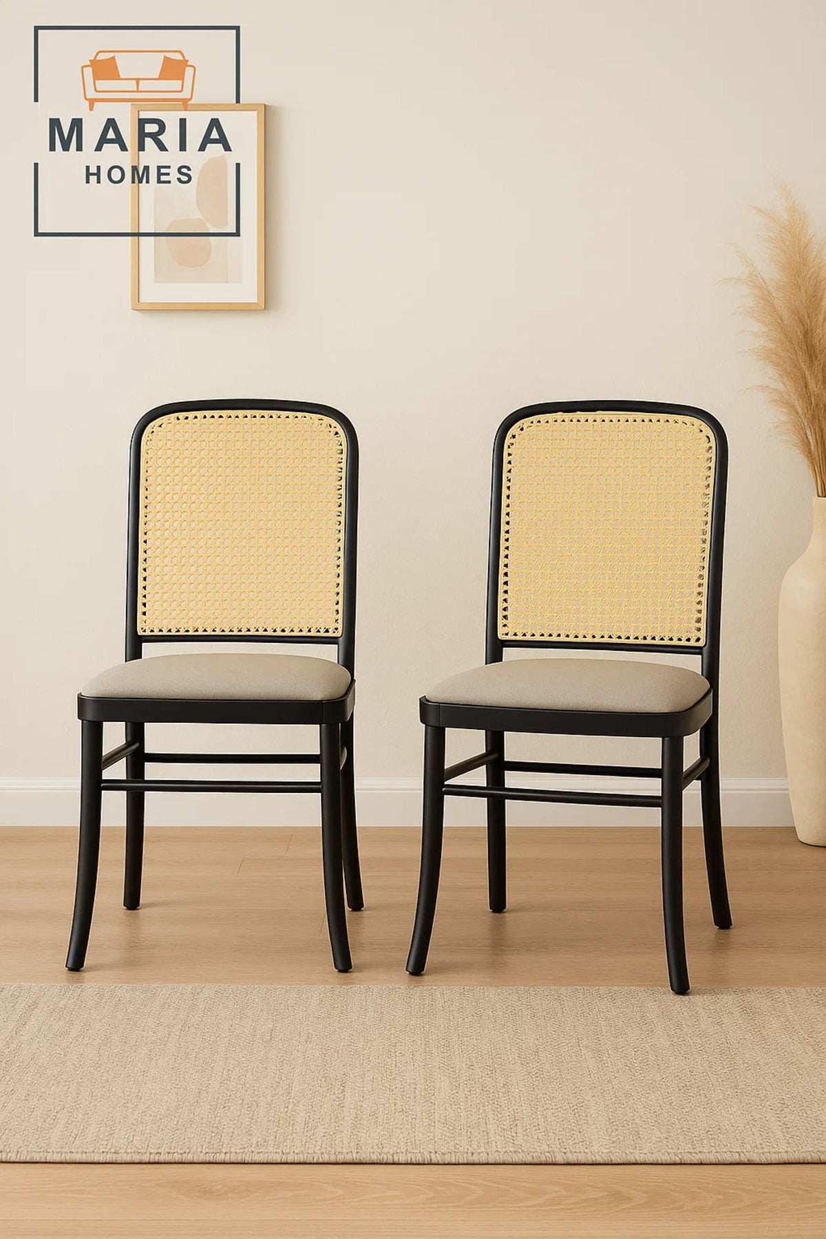 Black Wooden Dining Chair with Woven Cane Backrest and Soft Beige Upholstered Seat Ð Classic Design