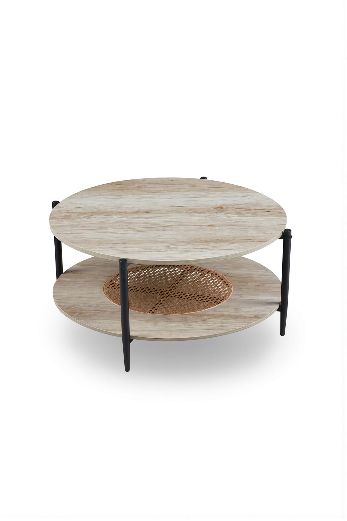 Round Light Wood Coffee Table √ê Modern Side Table with Storage Shelf 90_90_45 cm